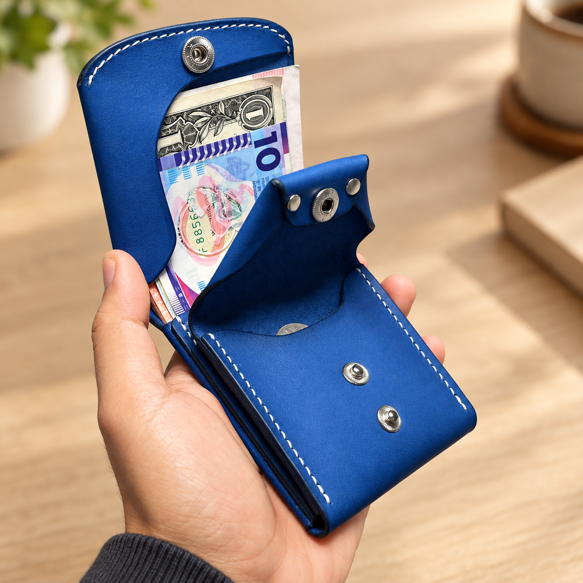 Bolso aberto para moedas expansível com fechos prateados