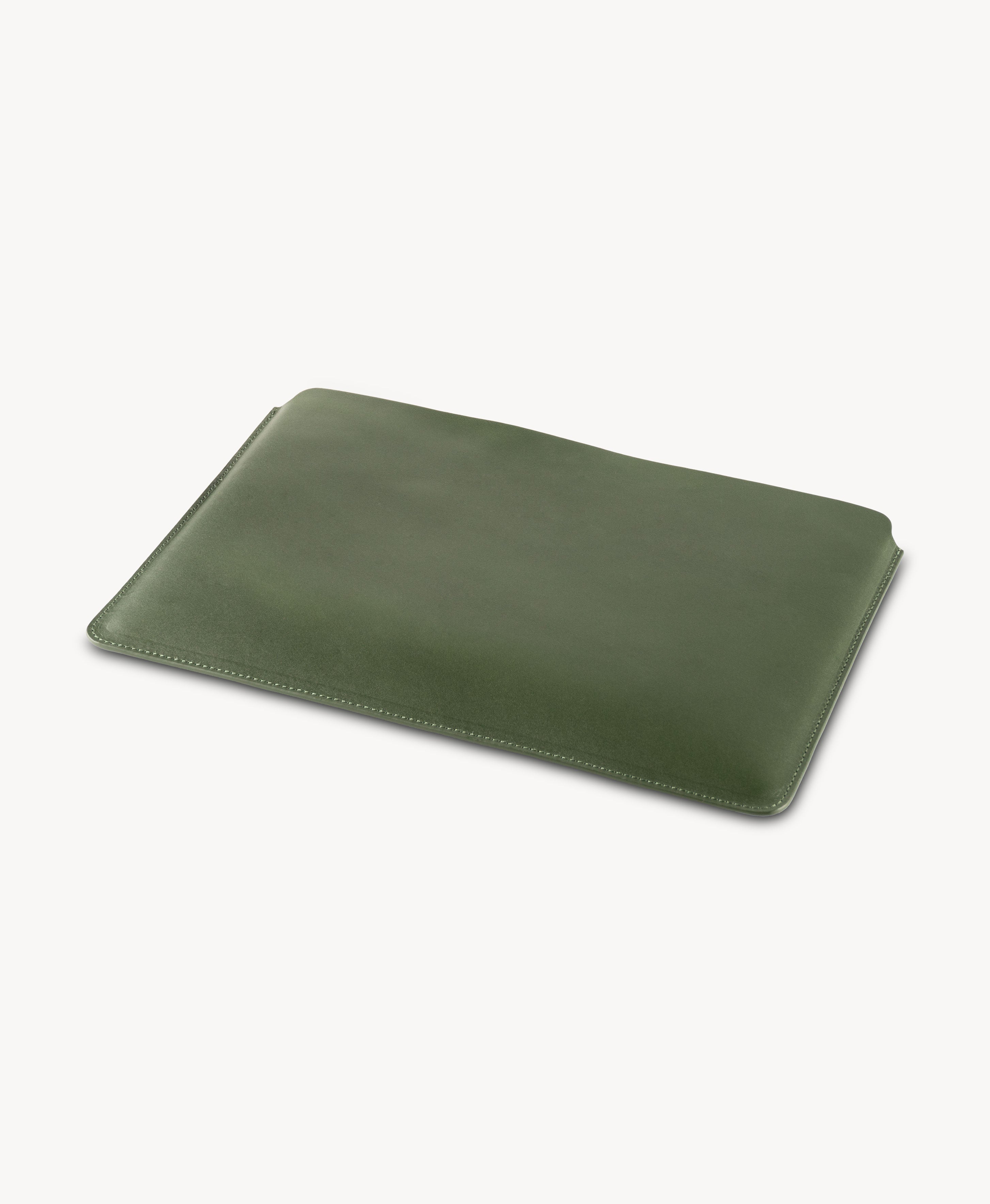 Forest Green full grain saddle leather laptop sleeve, angled product view