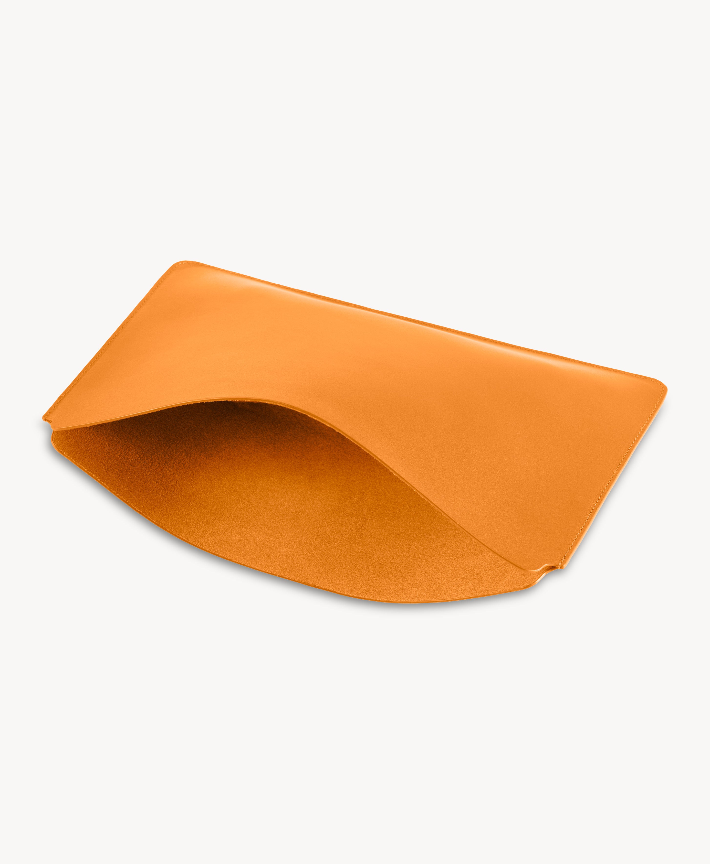 Honey Tan full grain saddle leather laptop sleeve, open top and interior view