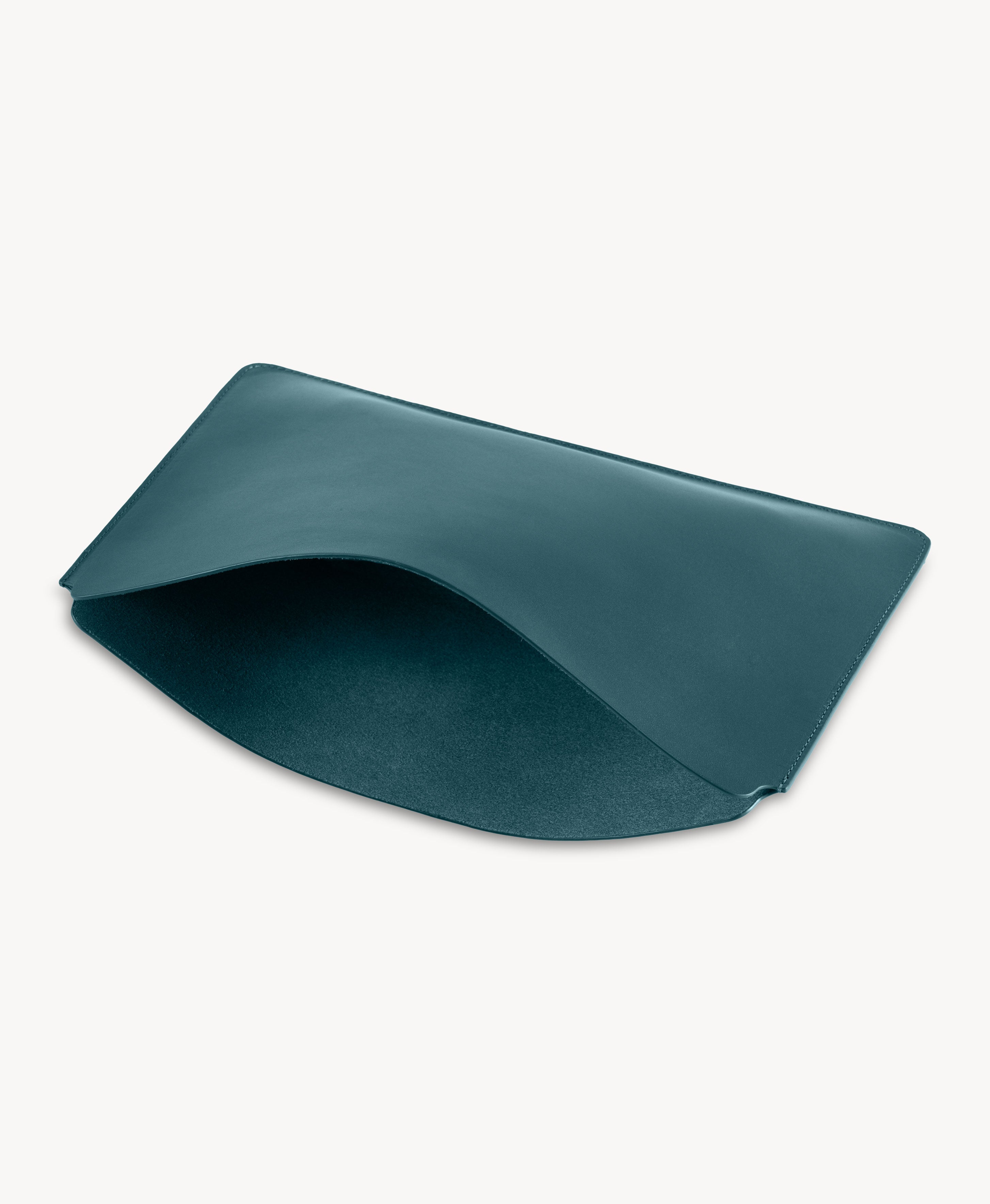 Blue full grain saddle leather laptop sleeve, open top and interior view