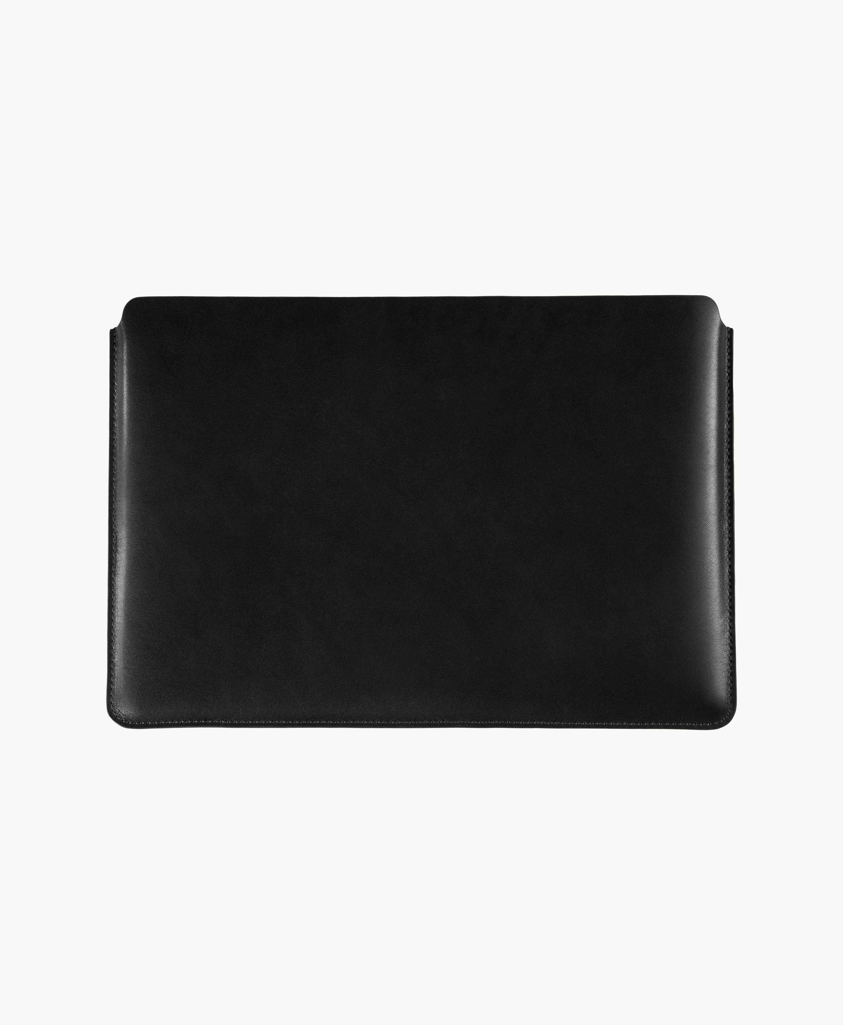 Black full grain saddle leather laptop sleeve, front product view