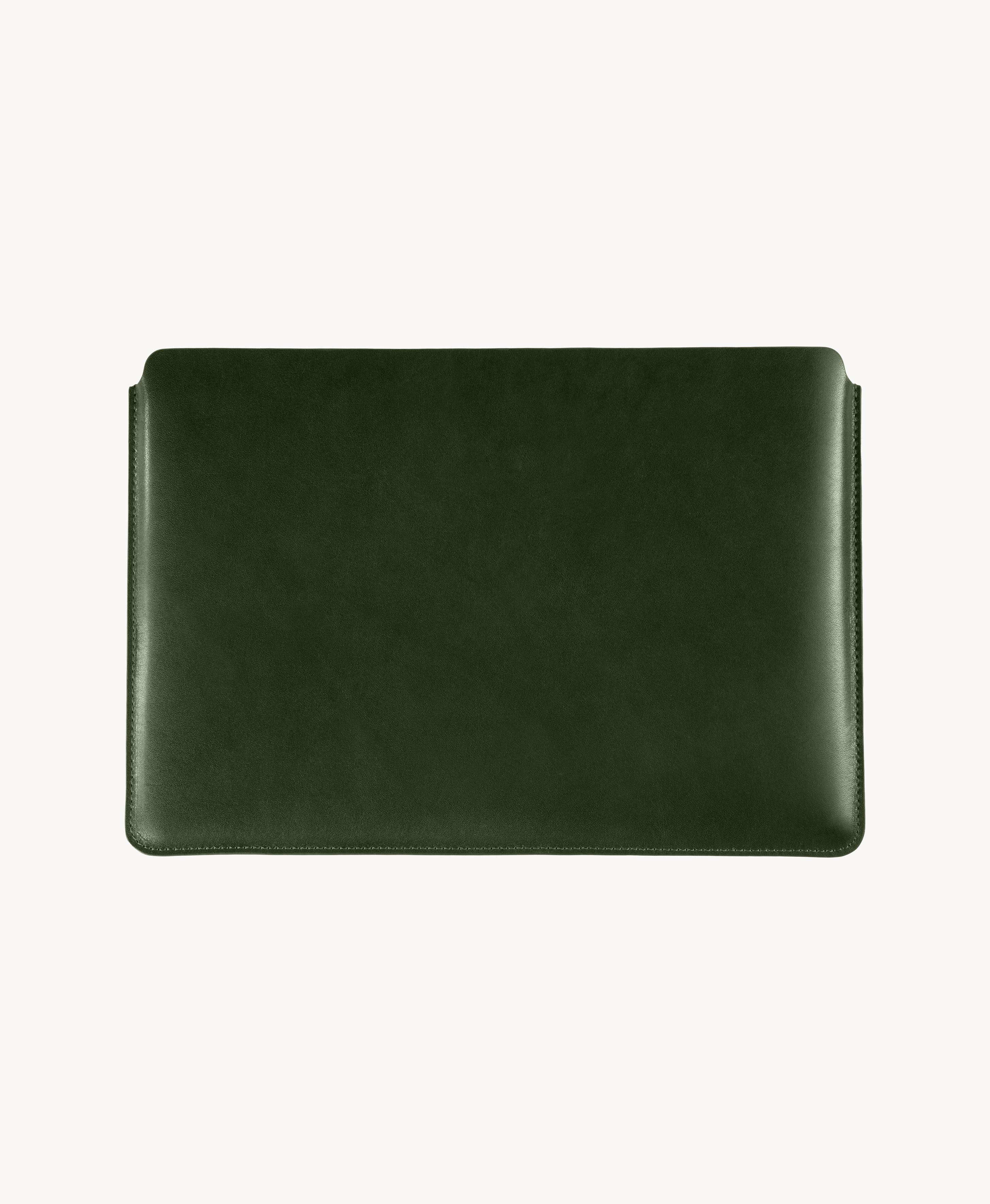 Forest Green full grain saddle leather laptop sleeve, front product view