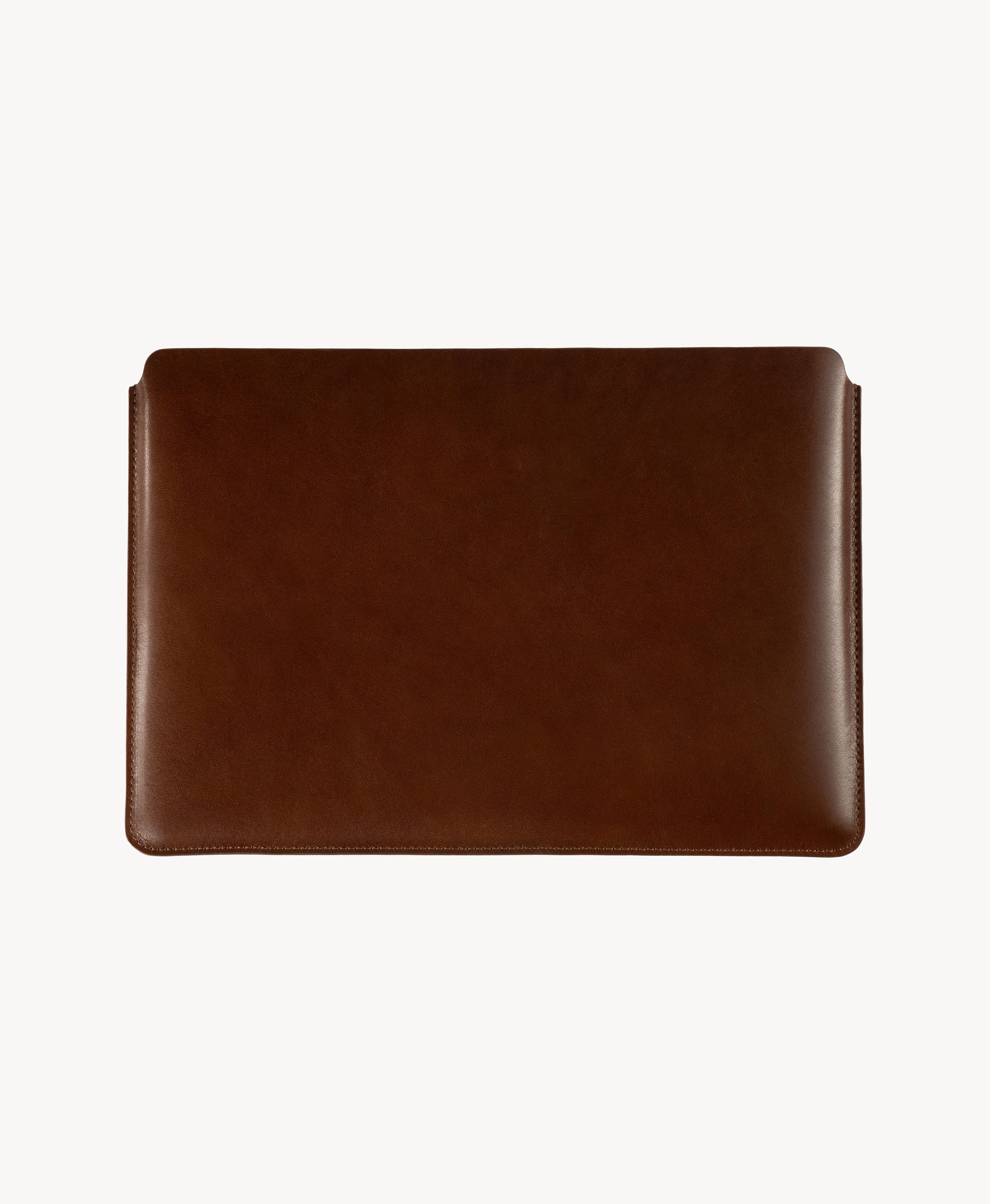 Brown full grain saddle leather laptop sleeve, front product view