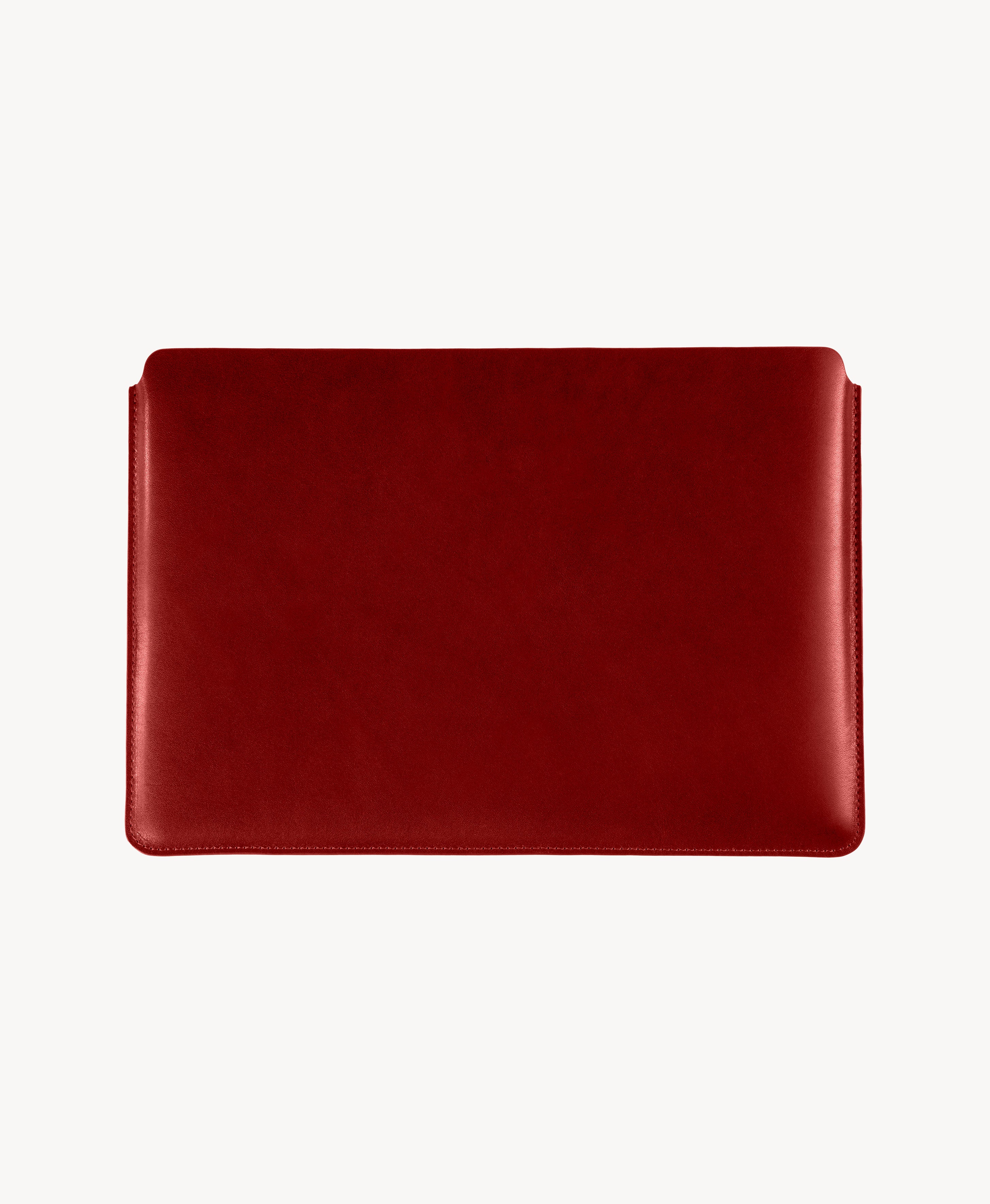 Red full grain saddle leather laptop sleeve, front product view