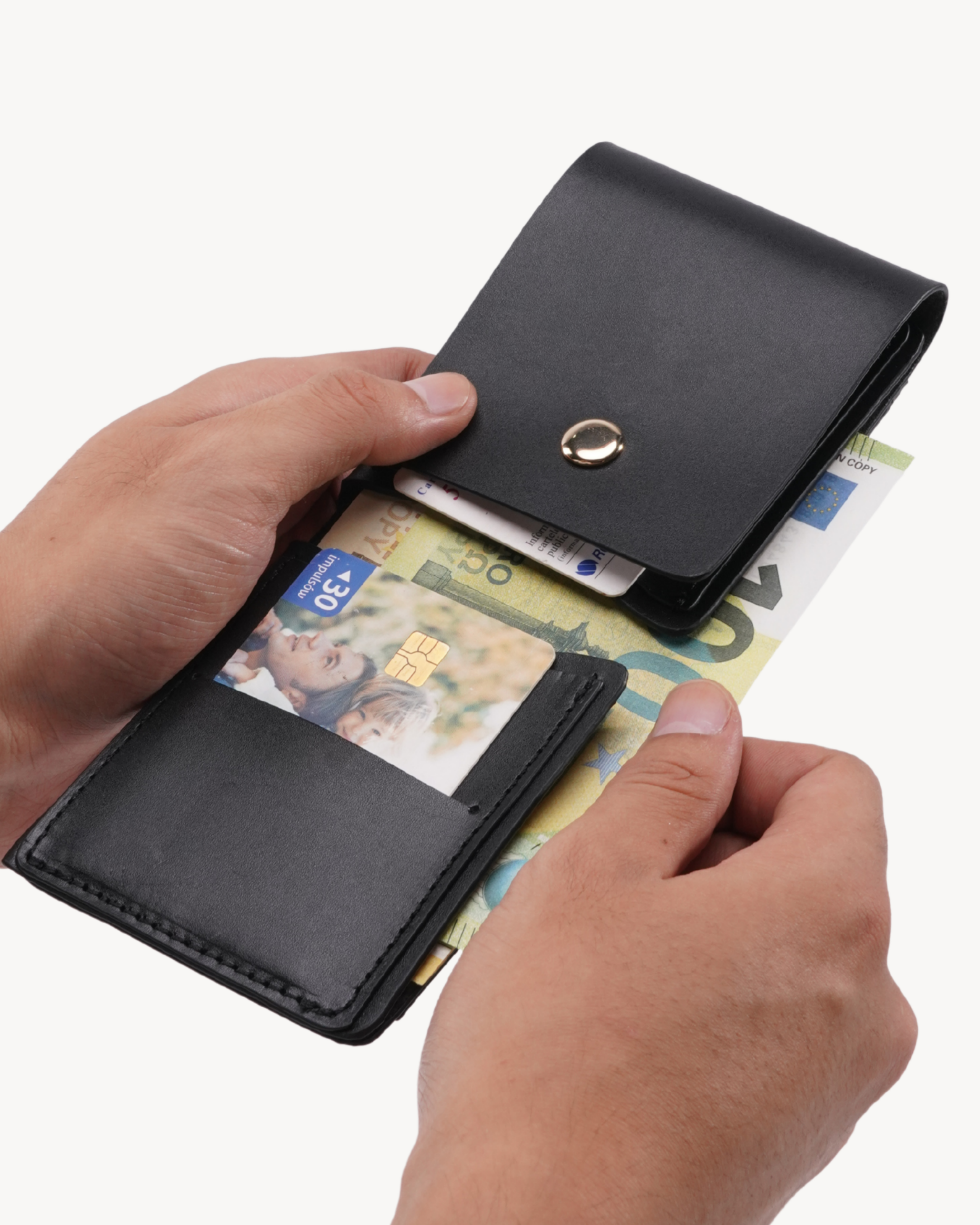Handmade Full-Grain Saddle Leather Vertical Snap Wallet - open view with cards and cash