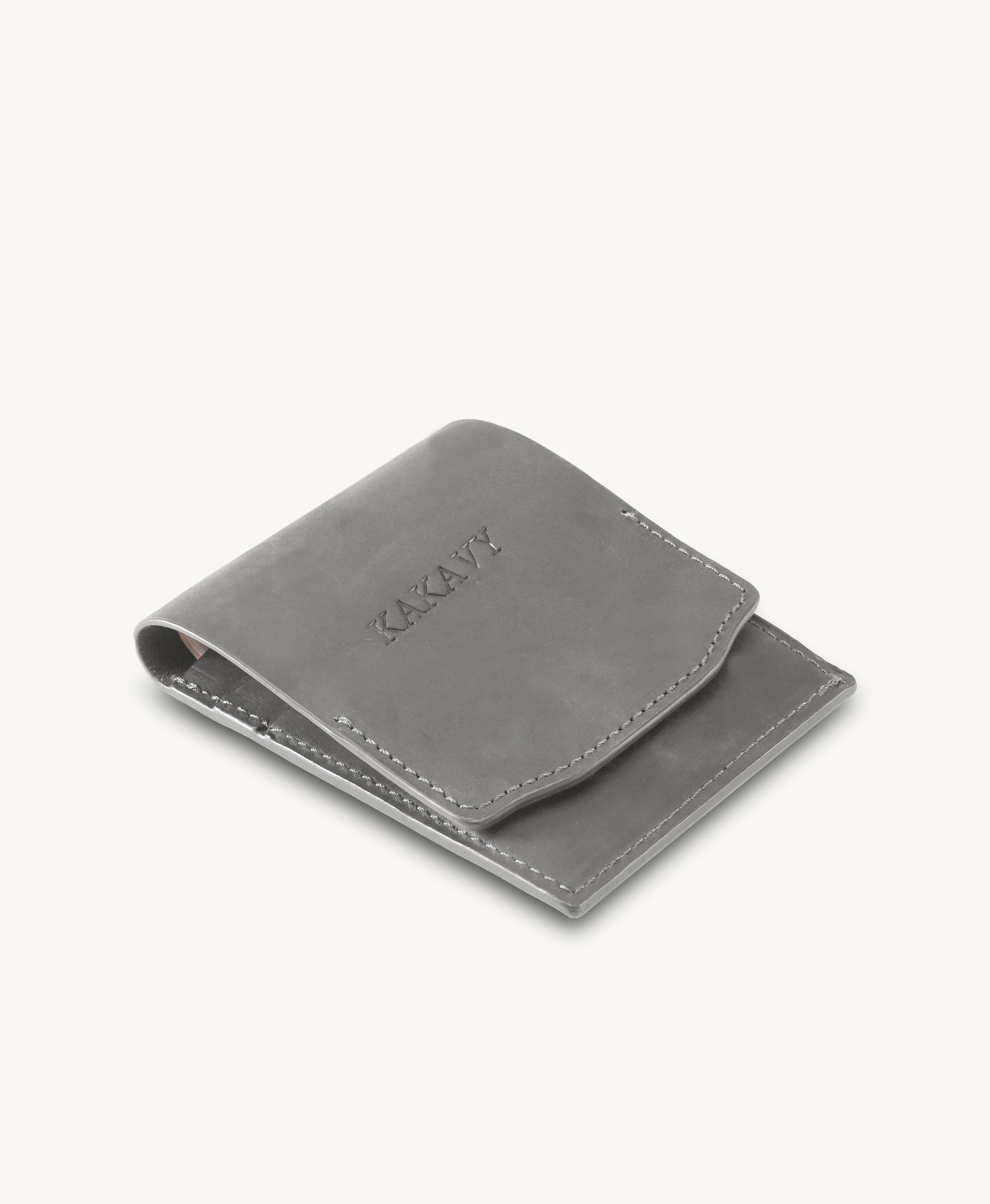 Charcoal Gray Crazy Horse Leather Vertical Bifold Wallet - three-quarter closed view