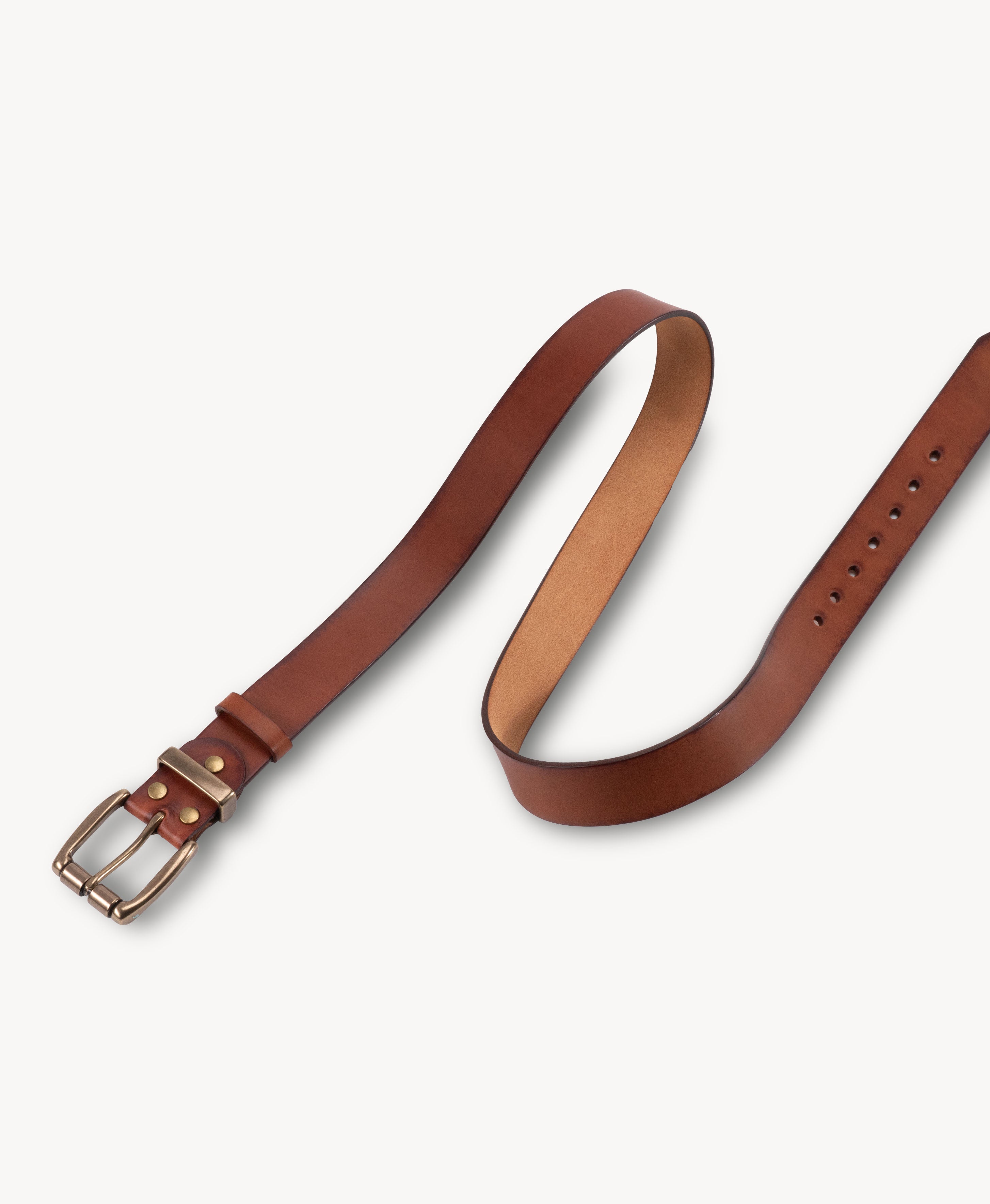 Handmade Cowhide Leather Belt - Orange - rivet construction detail