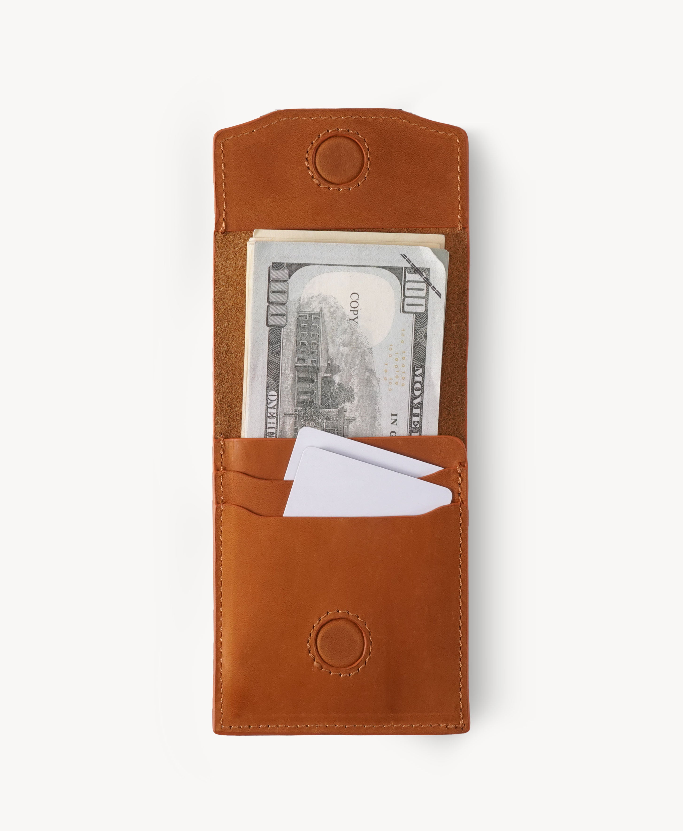 Honey Tan Crazy Horse Leather Vertical Bifold Wallet - open view with cards and cash