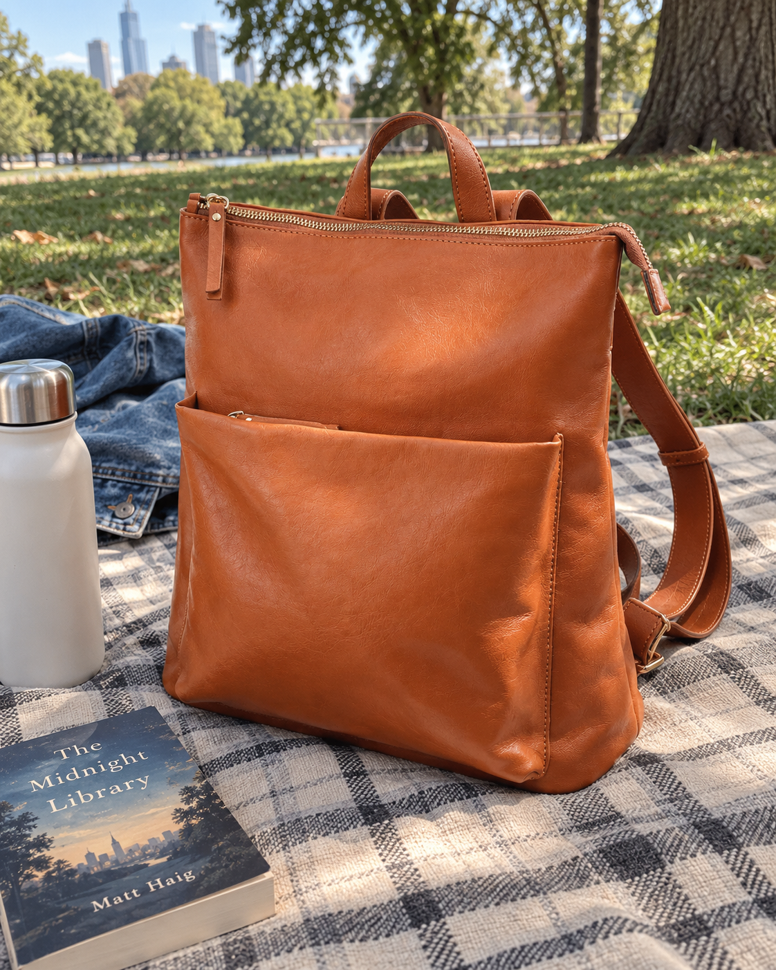 AI-generated lifestyle image of the orange leather backpack on a picnic blanket in a park