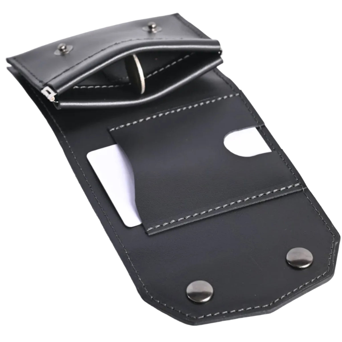 Open trifold wallet showing card storage and dedicated coin pocket