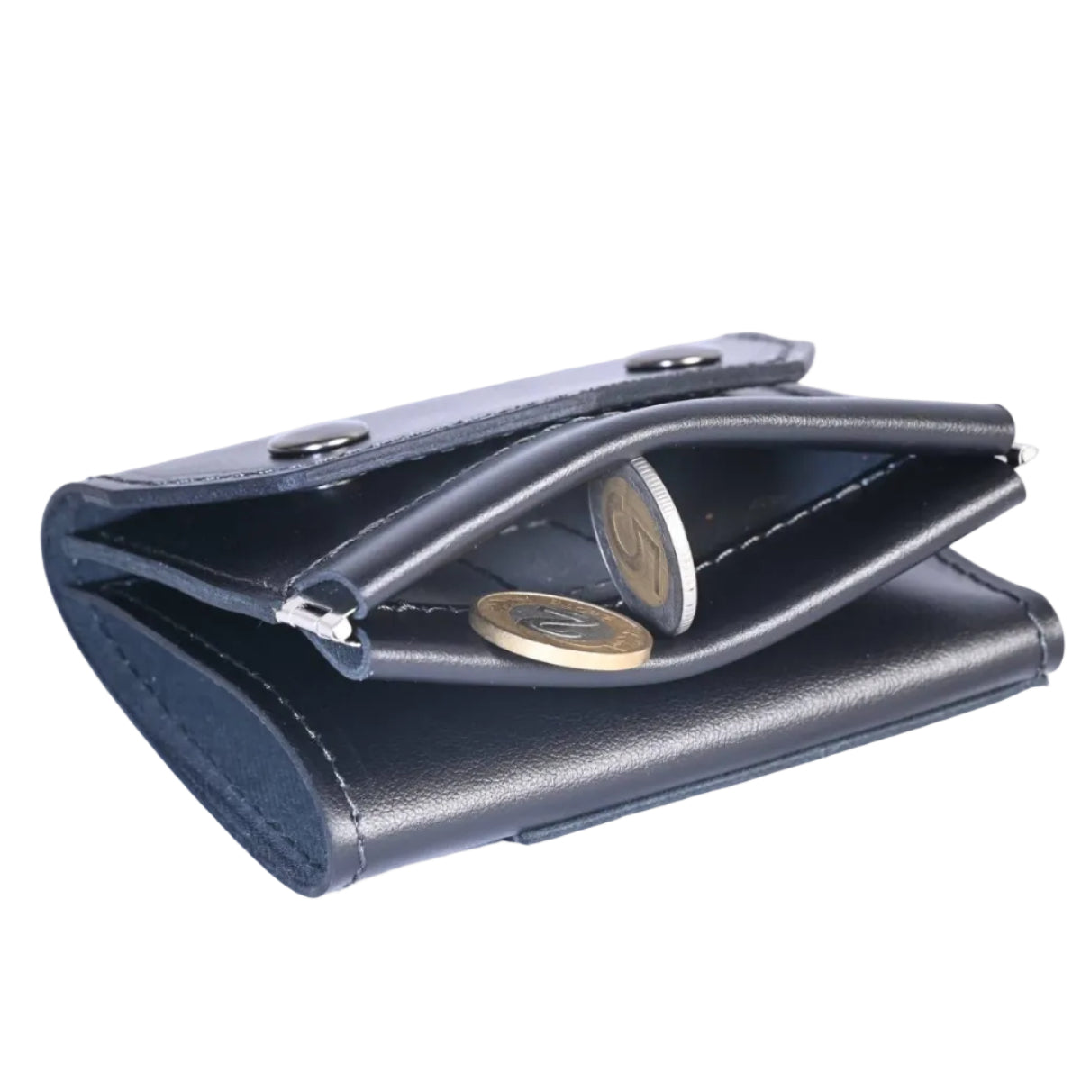 Secure coin pocket on a handmade full-grain leather trifold wallet