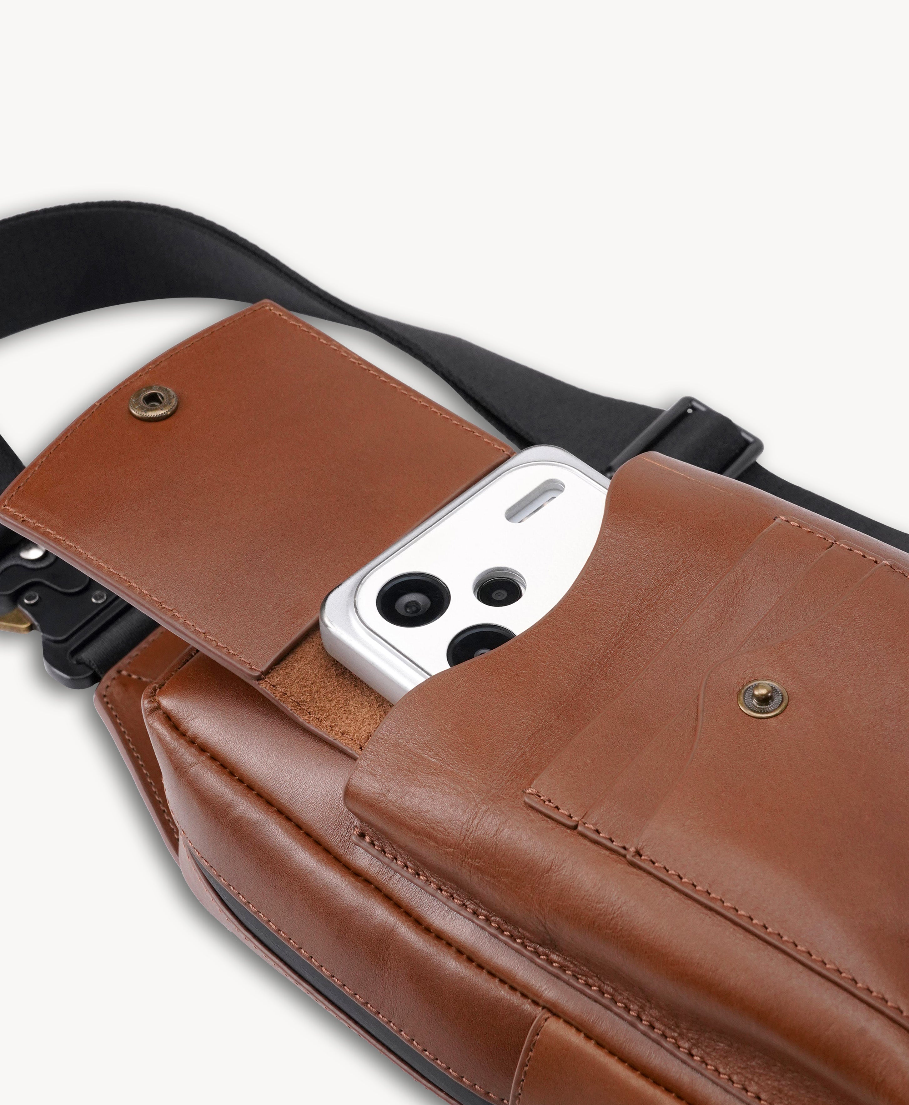 Vintage American Leather Motorcycle Chest Pack - phone pocket and exterior flap detail