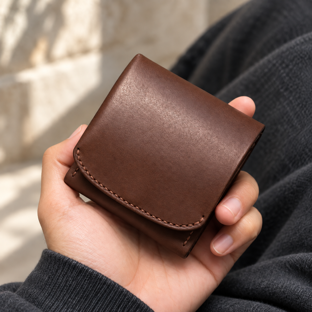Brown foldover wallet with matching brown stitching held in one hand