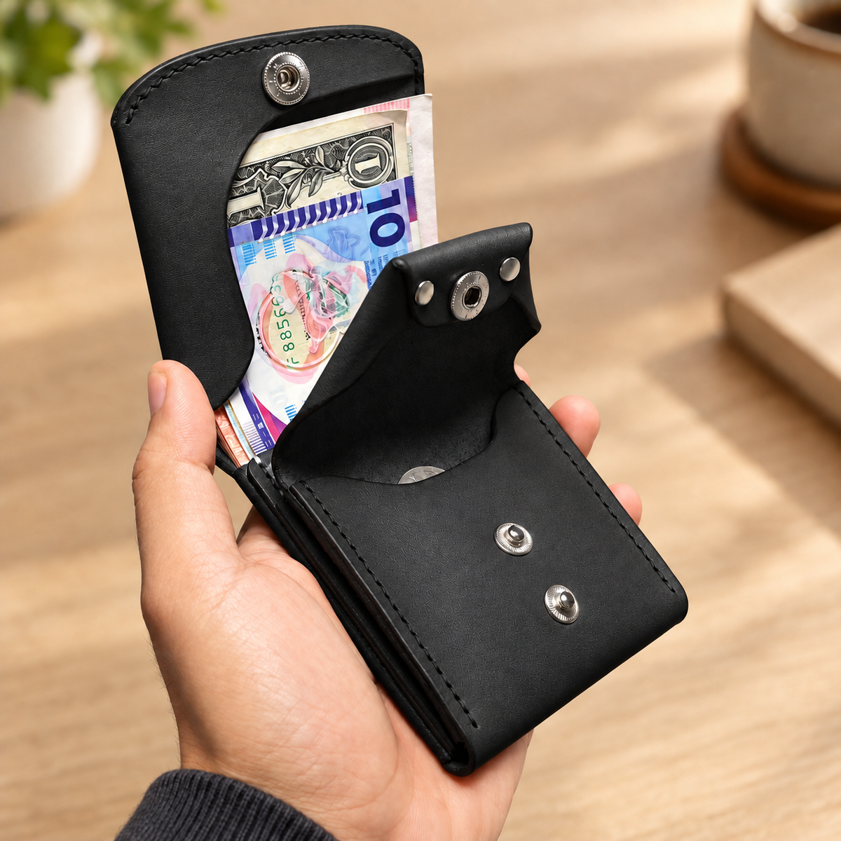 Black wallet open expanding coin pocket with silver-tone snaps