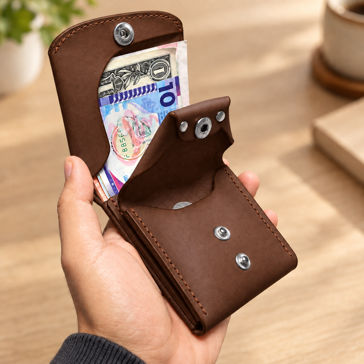Brown wallet open expanding coin pocket with silver-tone snaps