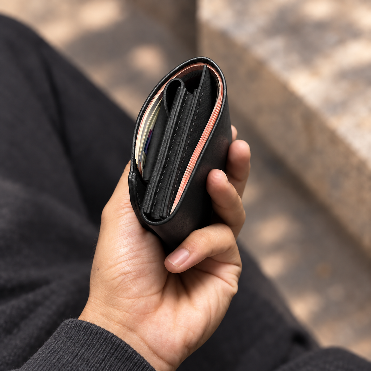 Black folded wallet viewed from the top edge
