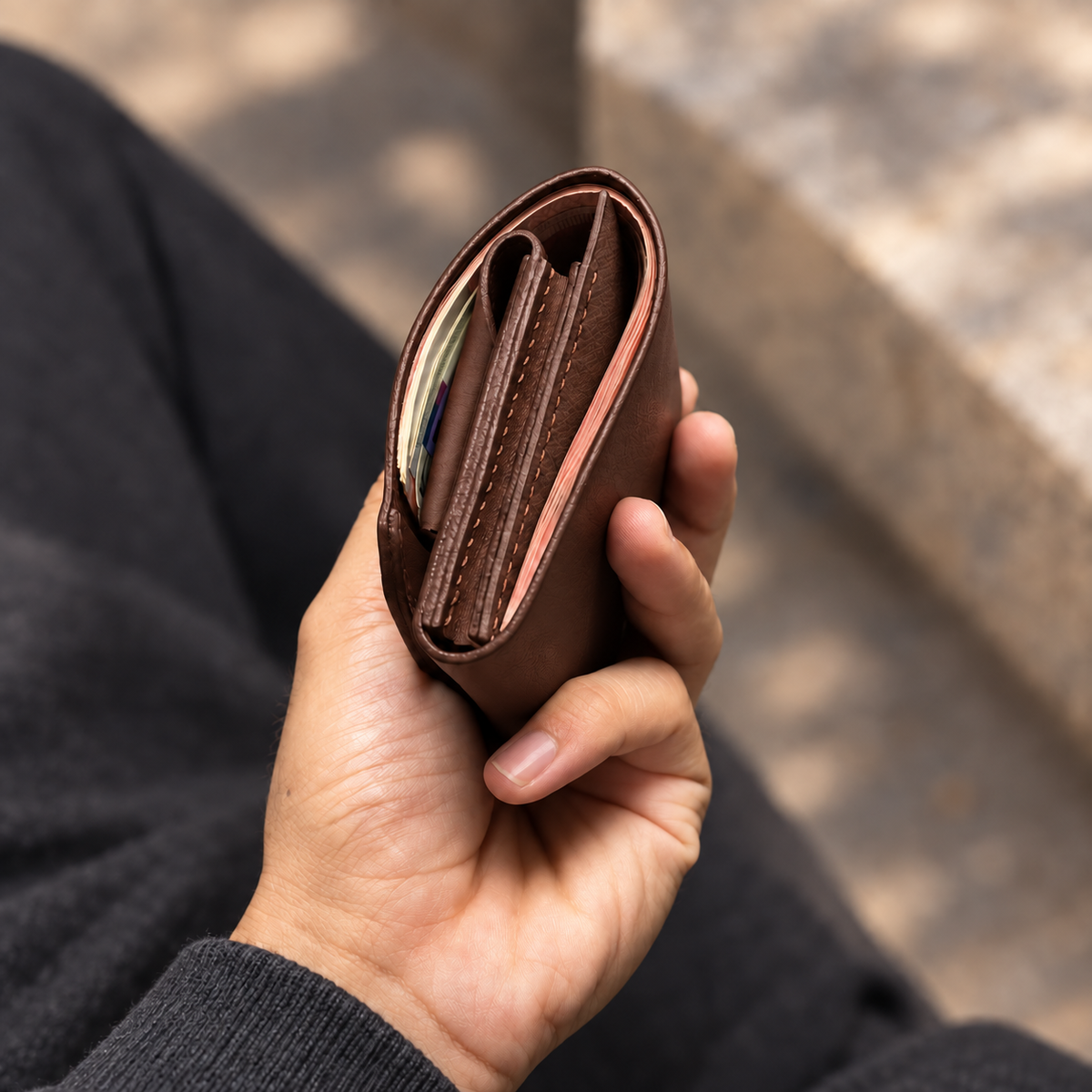 Brown folded wallet viewed from the top edge