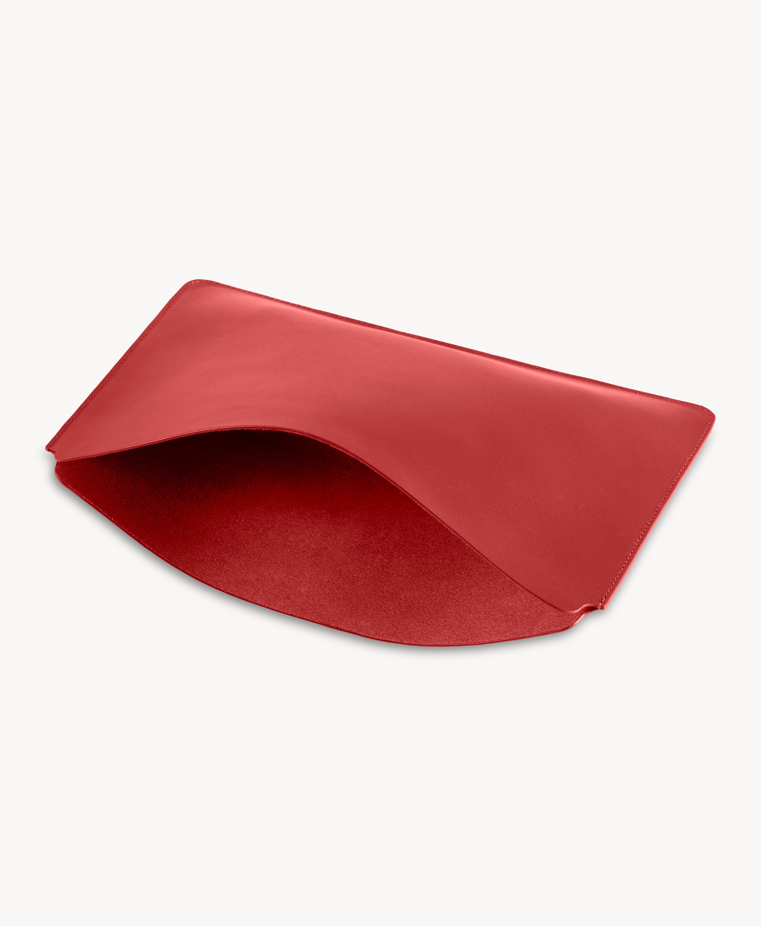 Red full grain saddle leather laptop sleeve, open top and interior view