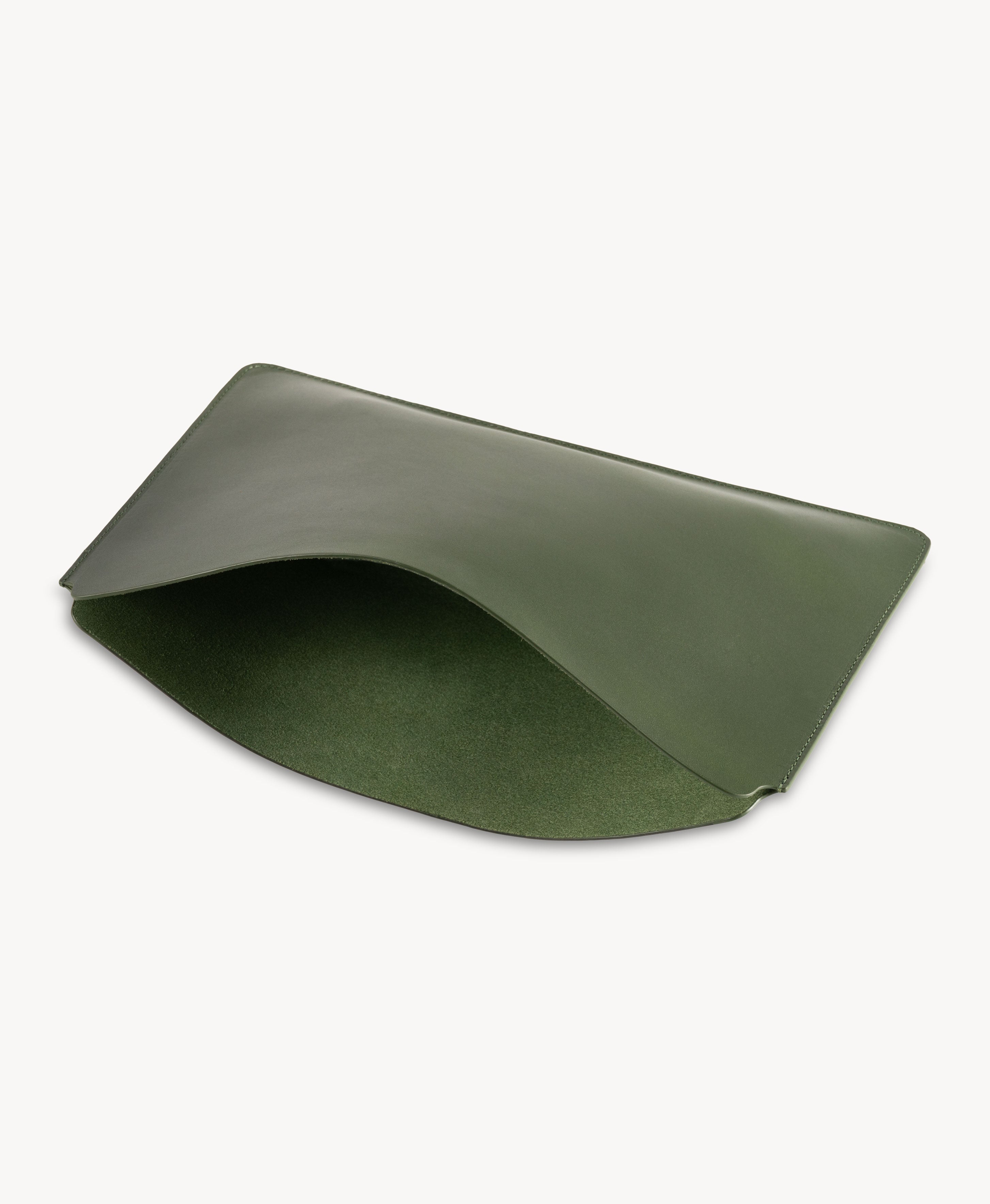 Forest Green full grain saddle leather laptop sleeve, open top and interior view