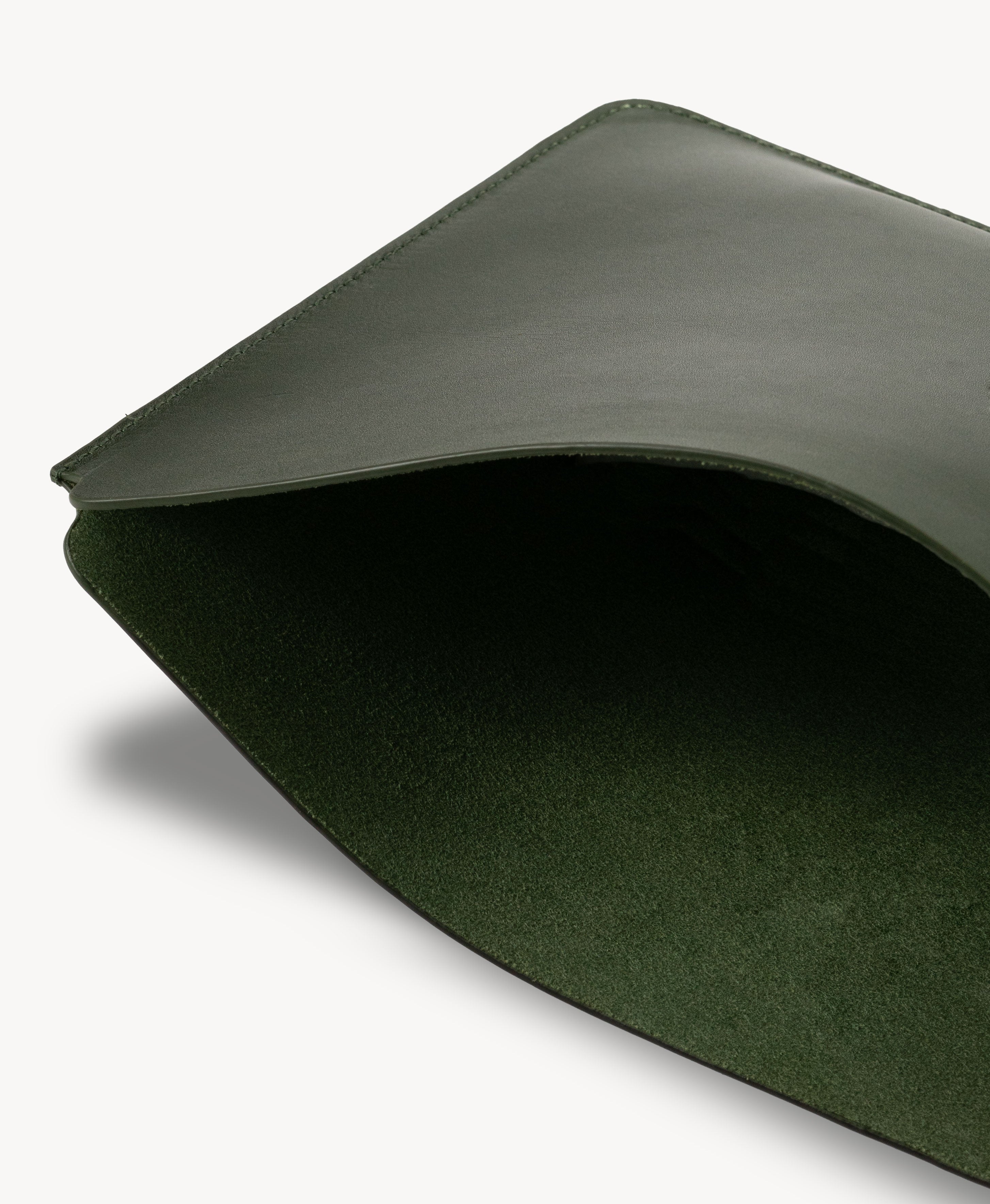Forest Green full grain saddle leather laptop sleeve, interior close-up