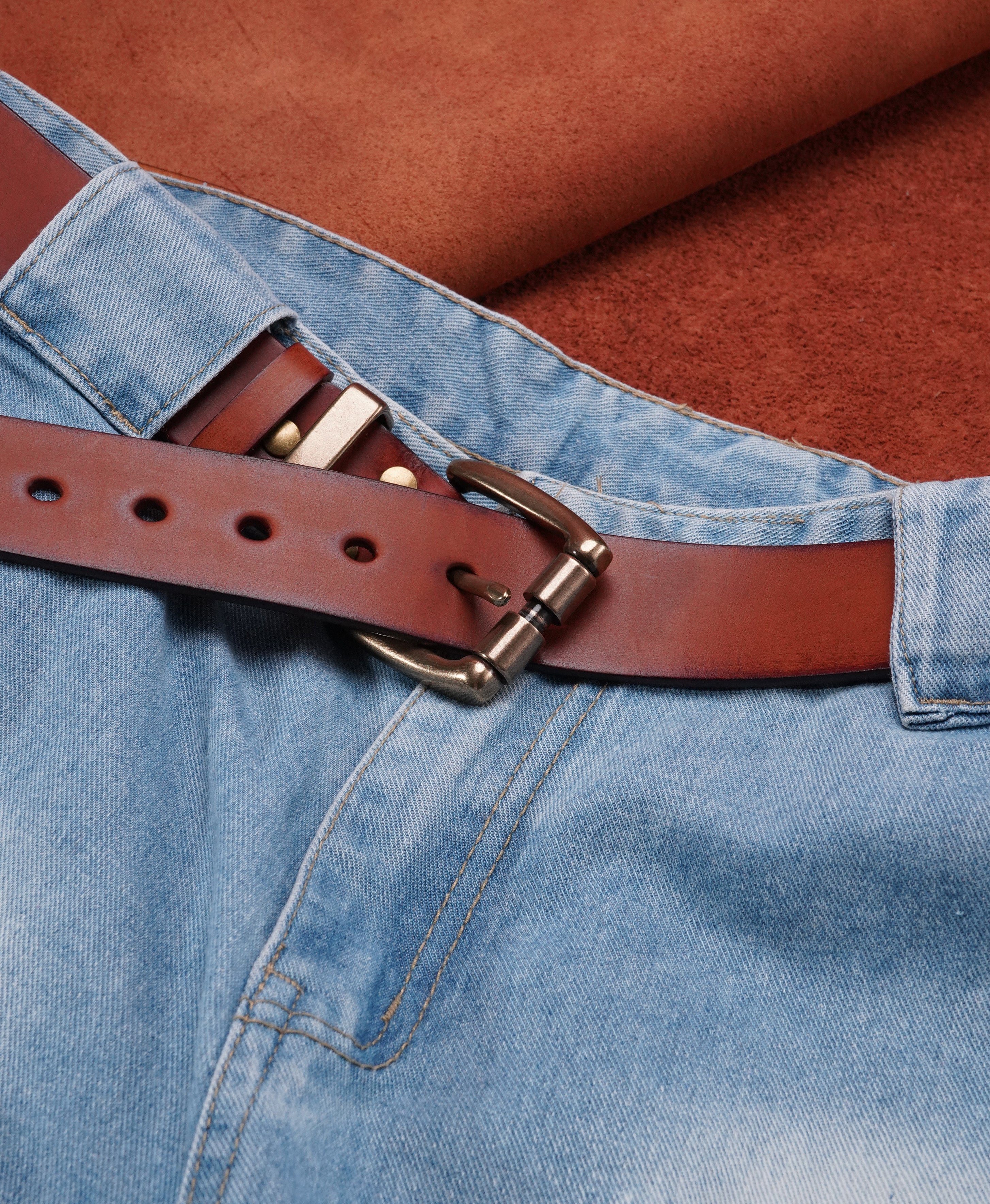Orange Handmade Cowhide Leather Belt - product view 8