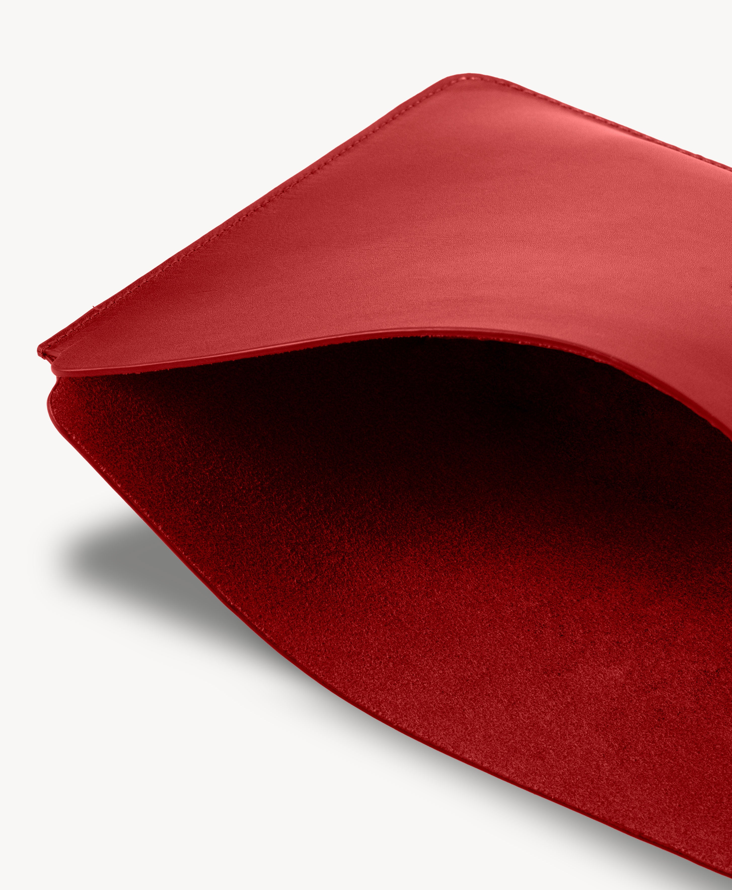 Red full grain saddle leather laptop sleeve, interior close-up