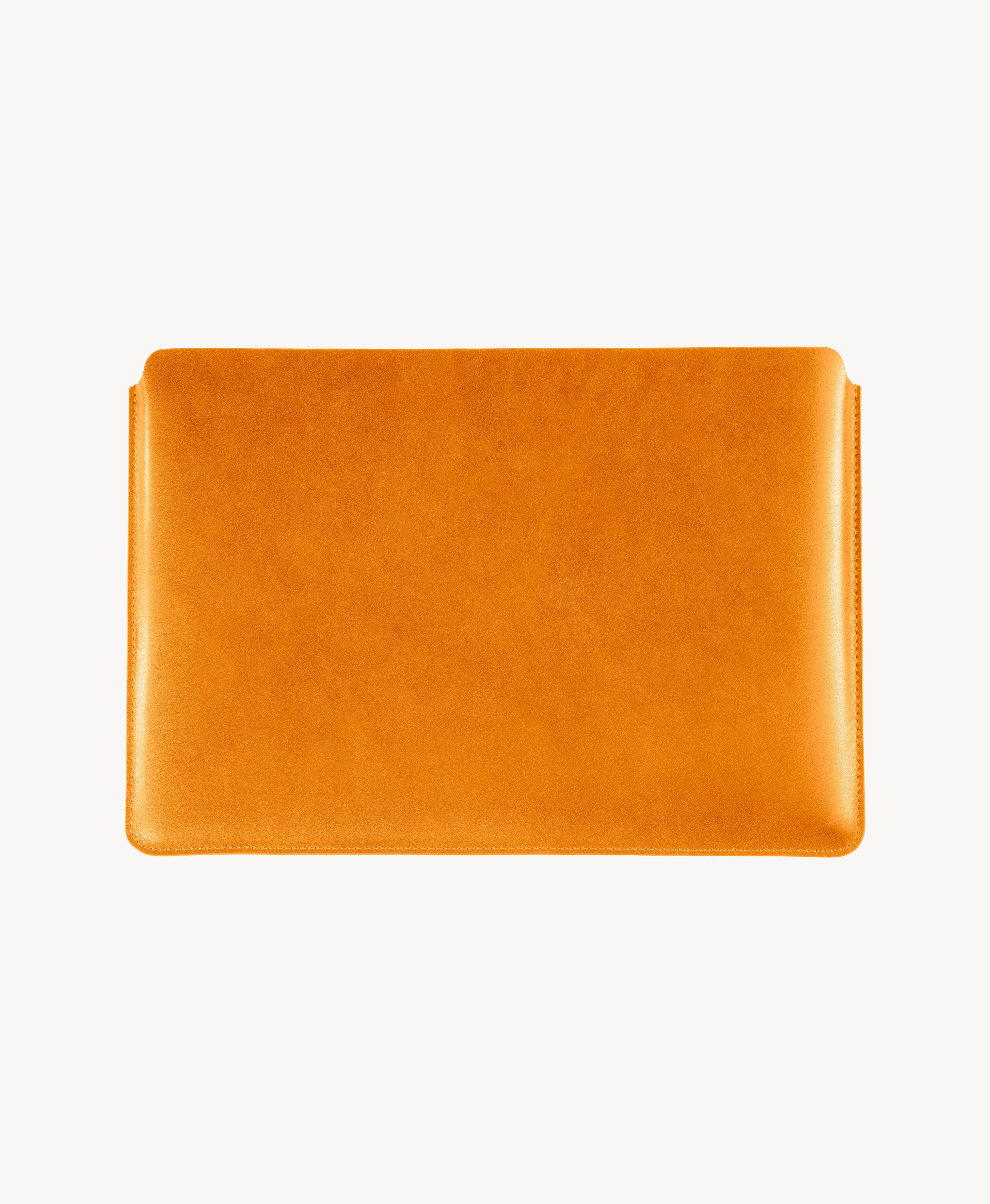 Honey Tan full grain saddle leather laptop sleeve, front product view