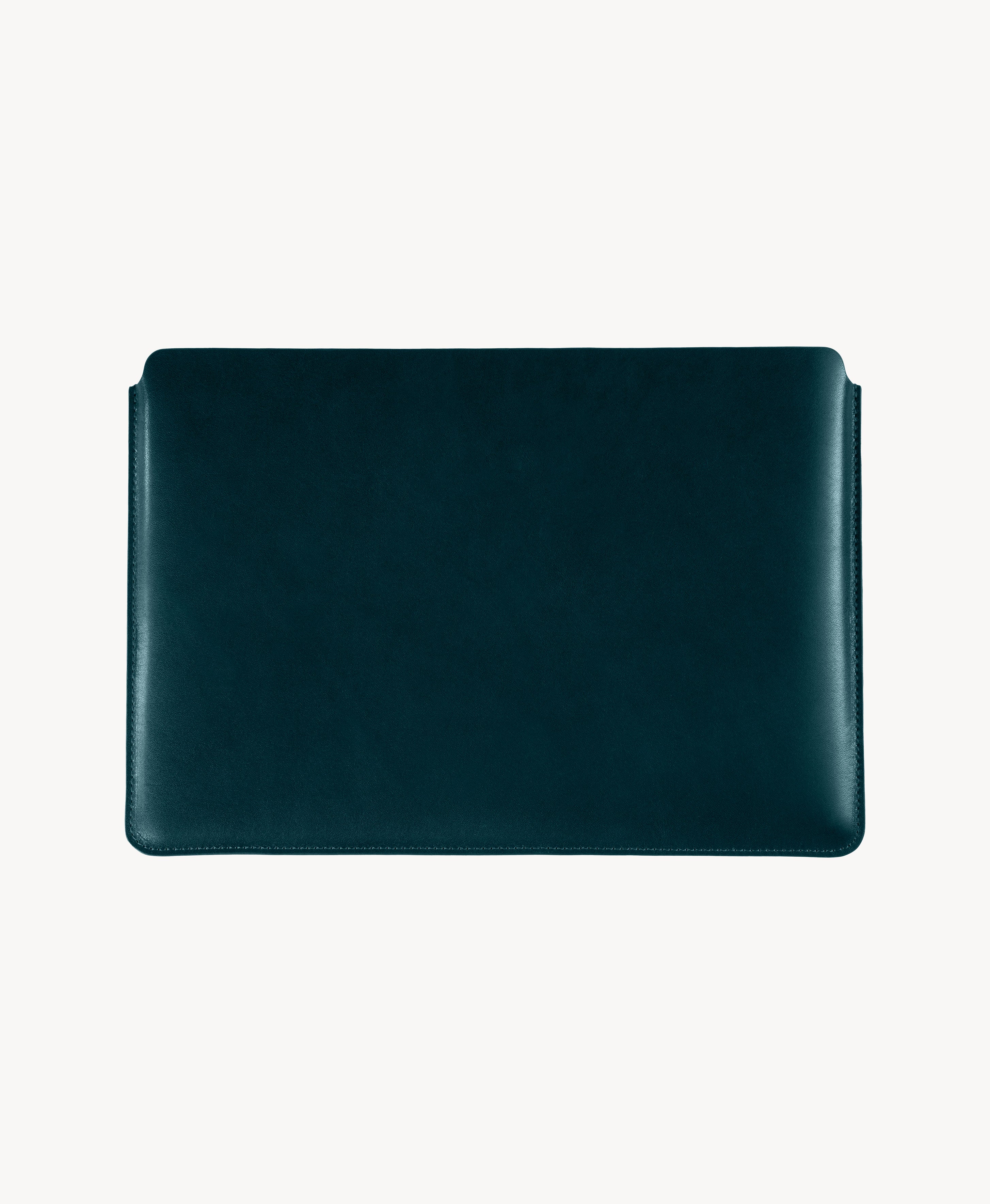 Blue full grain saddle leather laptop sleeve, front product view