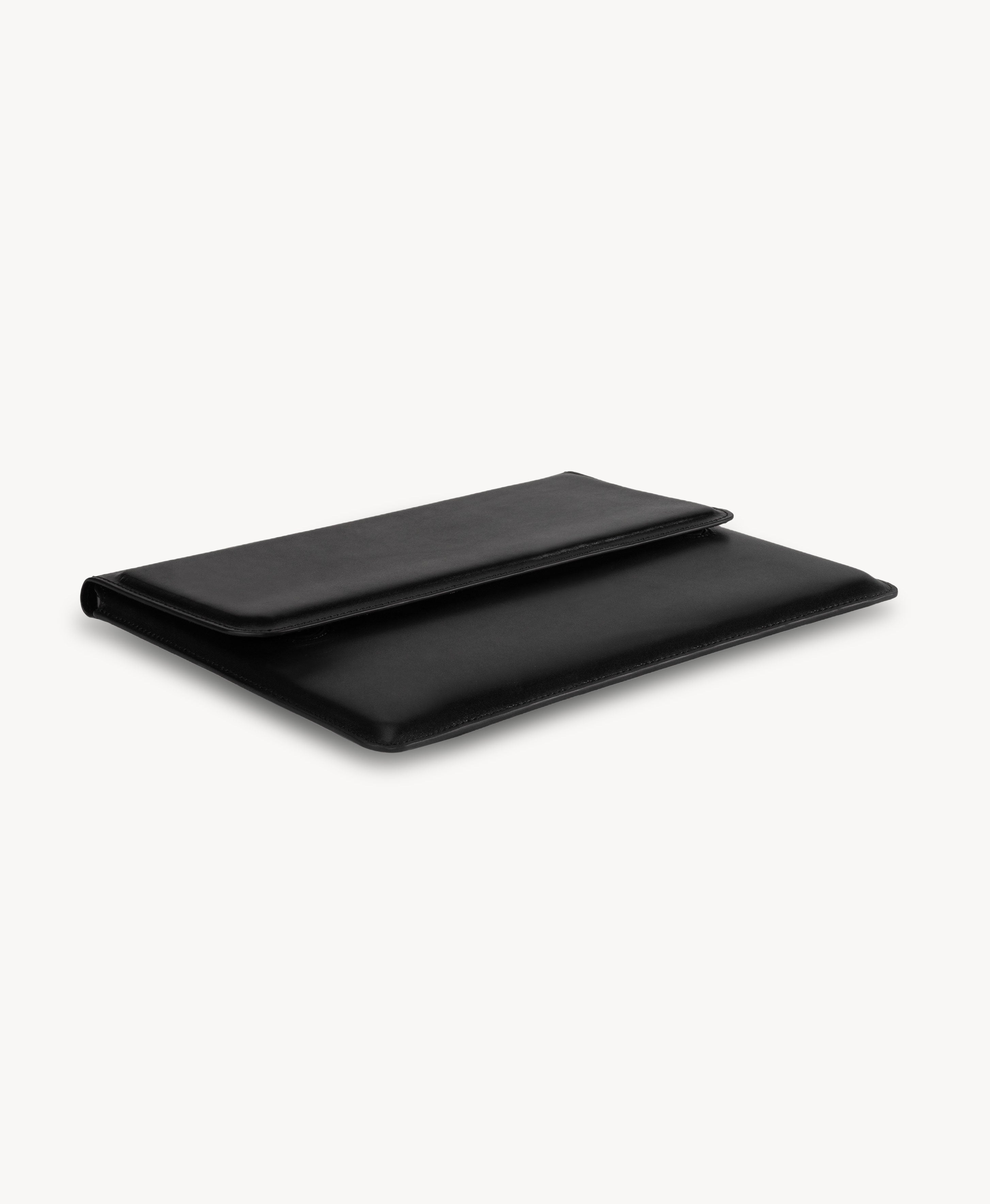 Handmade Bridle Leather Convertible Laptop Sleeve & Stand - Black - three-quarter side view