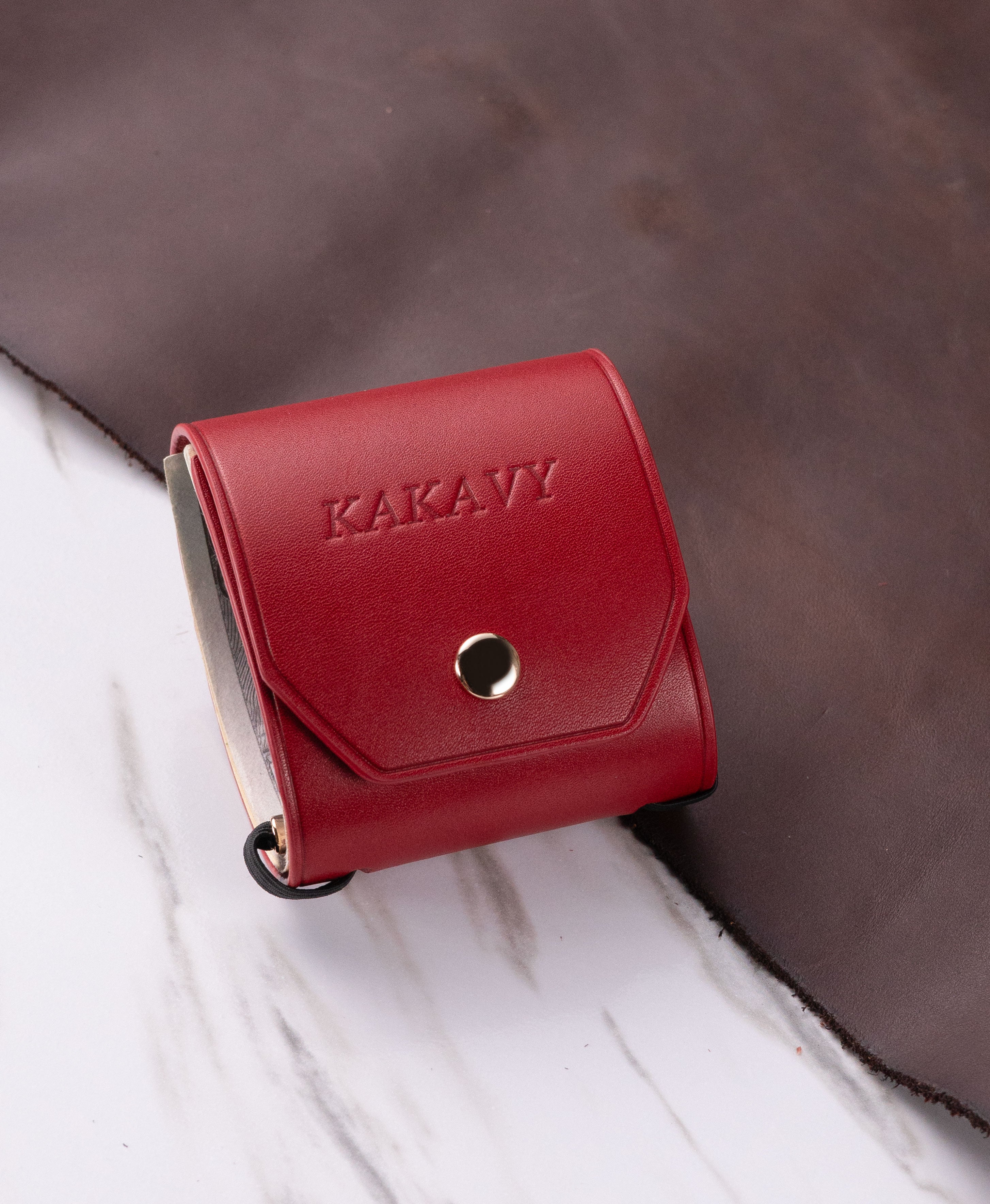 Red full-grain saddle leather cash wrap wallet lifestyle view 3