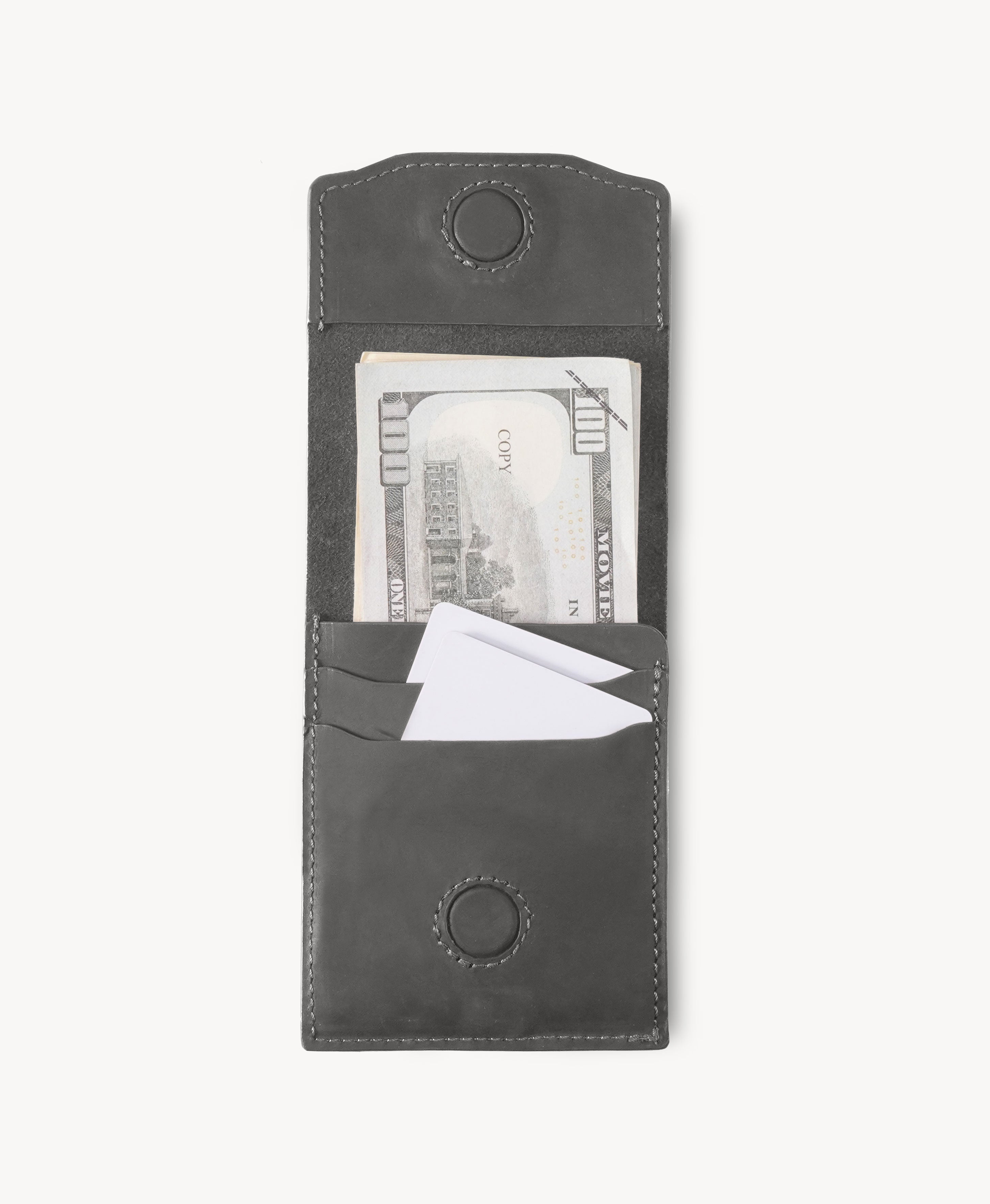 Charcoal Gray Crazy Horse Leather Vertical Bifold Wallet - open view with cards and cash