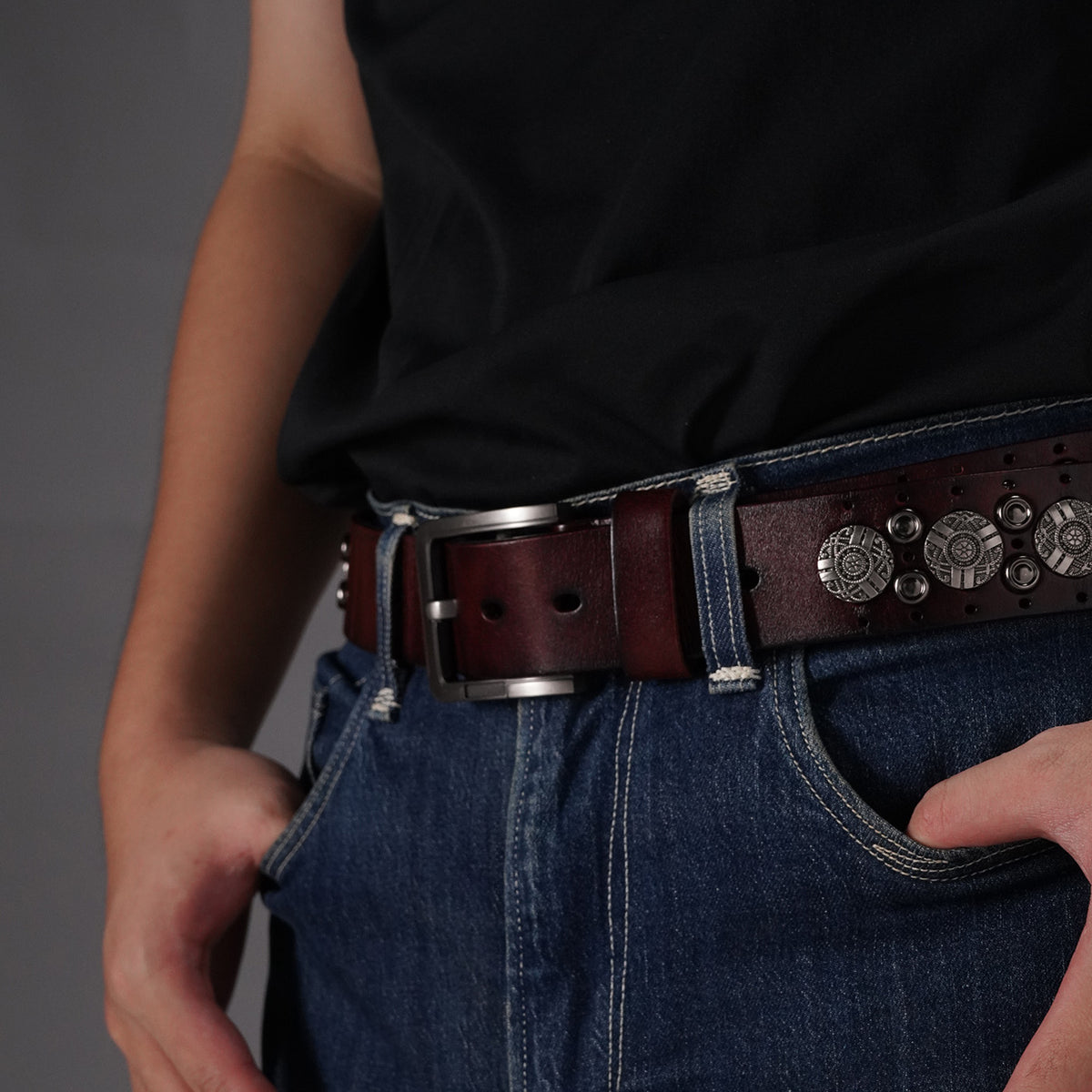 KAKAVY Concho Studded Full-Grain Leather Belt in dark brown - product view 2