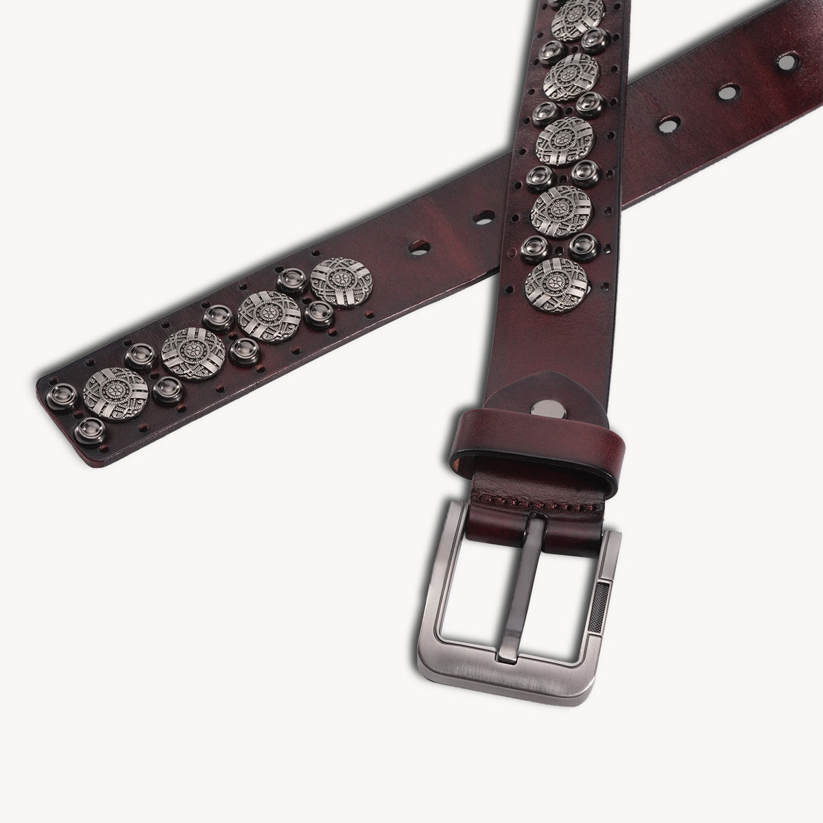 KAKAVY Concho Studded Full-Grain Leather Belt in dark brown - strap design details
