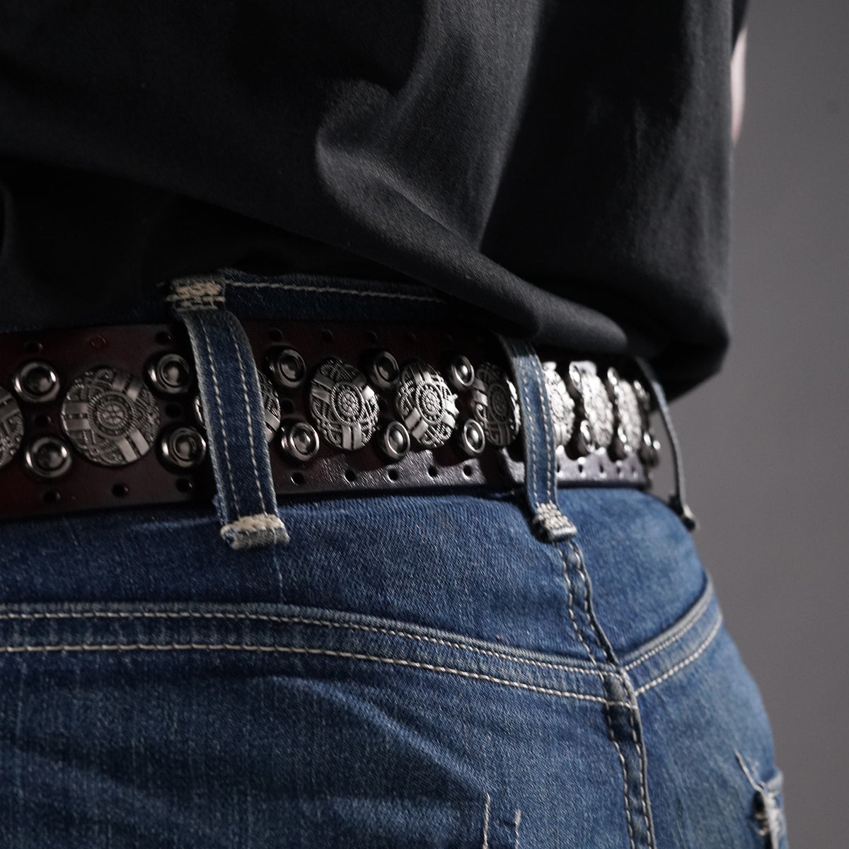 KAKAVY Concho Studded Full-Grain Leather Belt in dark brown - product view 5