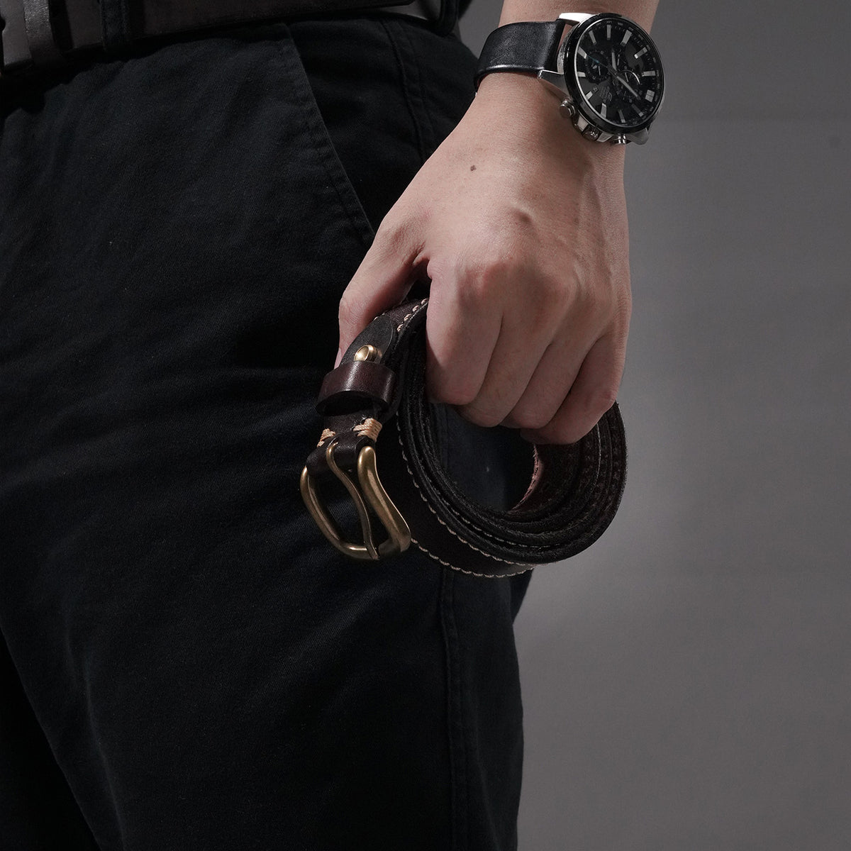 KAKAVY Contrast Stitch Full-Grain Leather Belt - styled detail 11