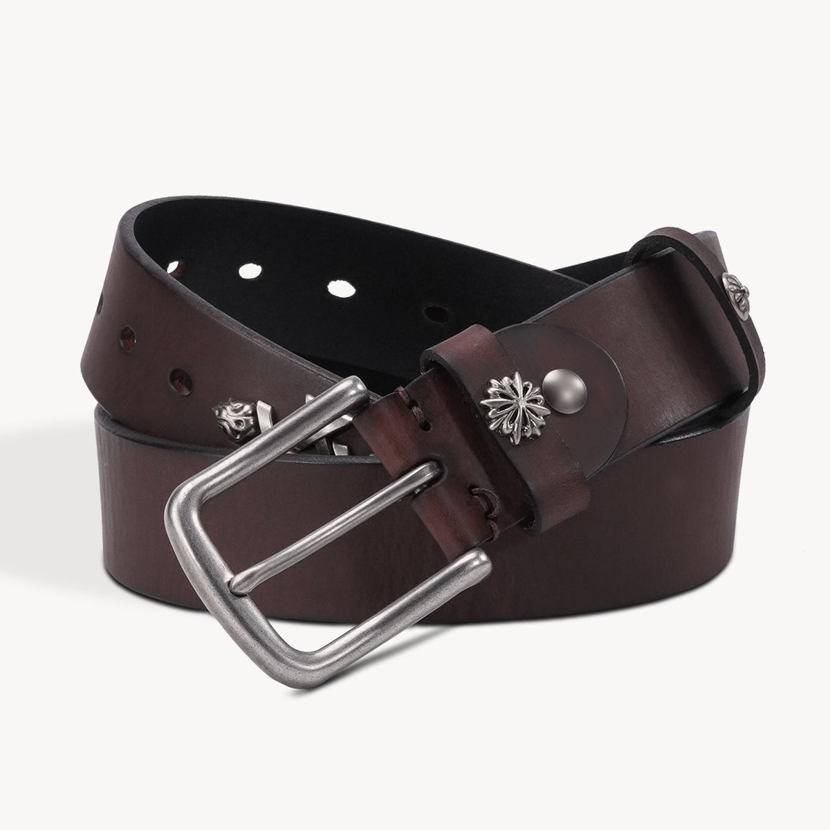 KAKAVY Cross Laced Full-Grain Leather Belt in dark brown - buckle and rolled leather strap