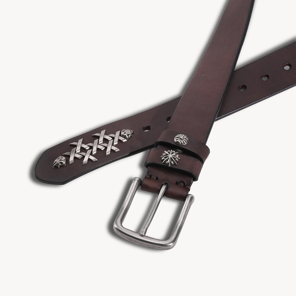 KAKAVY Cross Laced Full-Grain Leather Belt in dark brown - strap design details