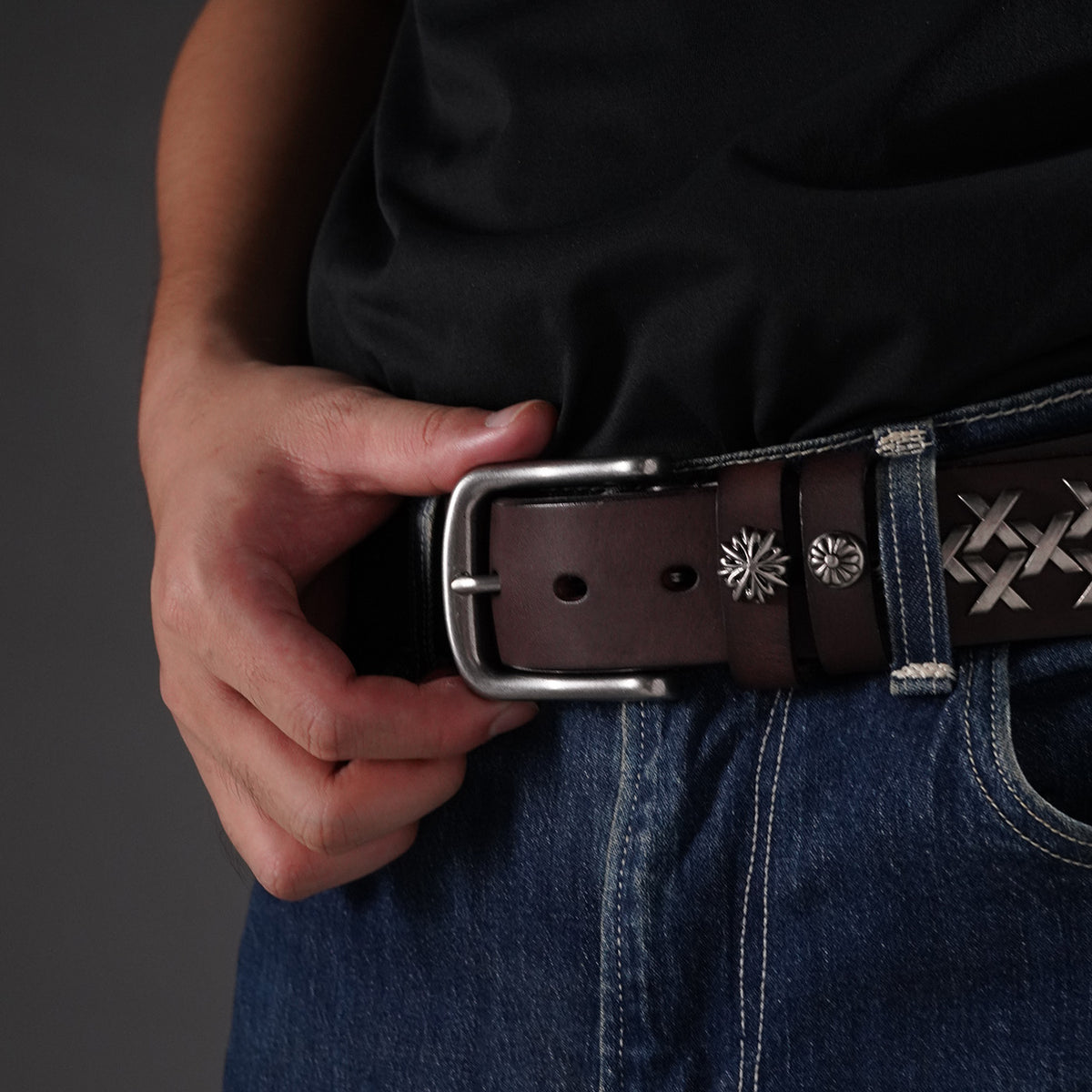 KAKAVY Cross Laced Full-Grain Leather Belt in dark brown - product view 5