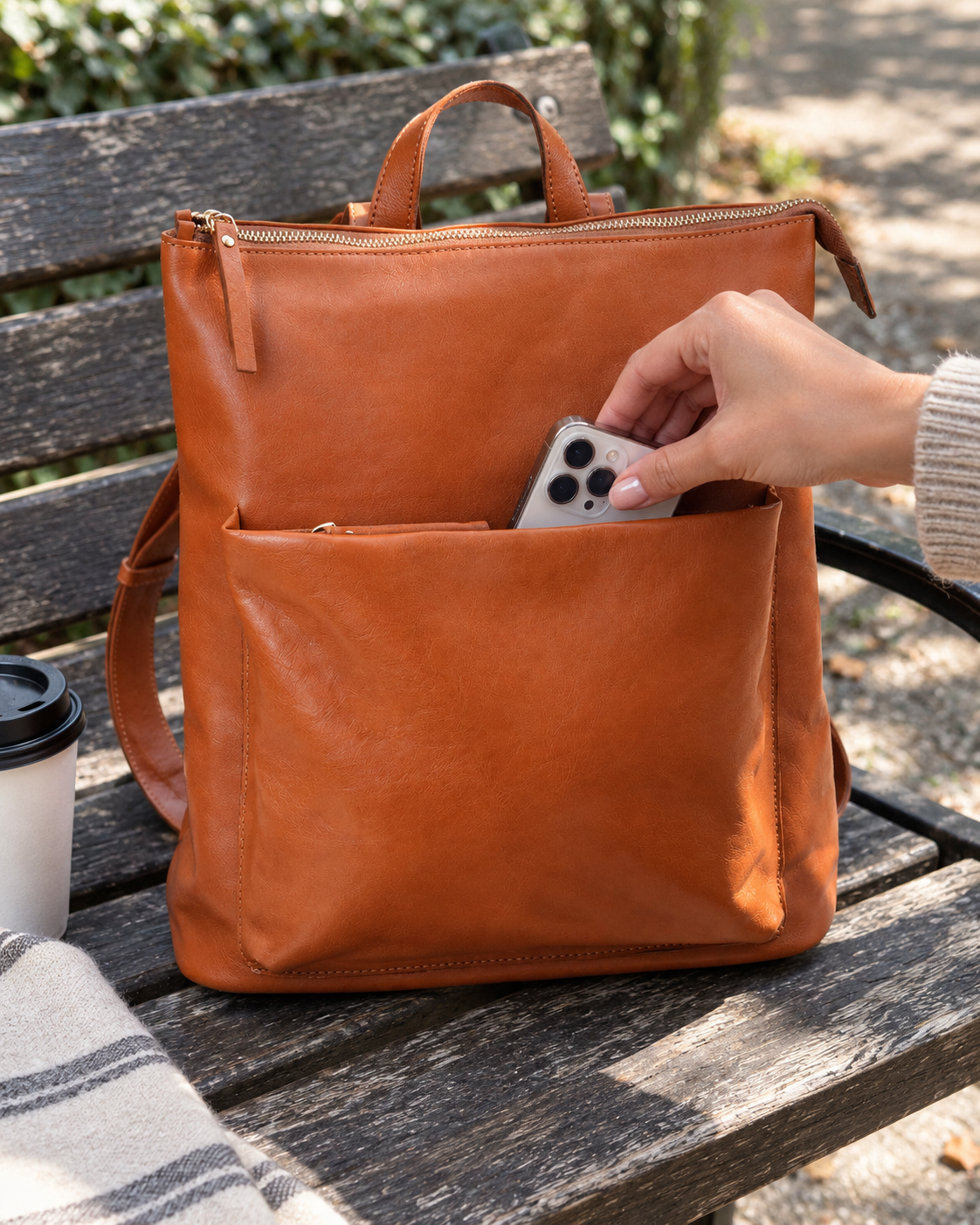 AI-generated lifestyle image of a phone placed in the orange leather backpack front pocket