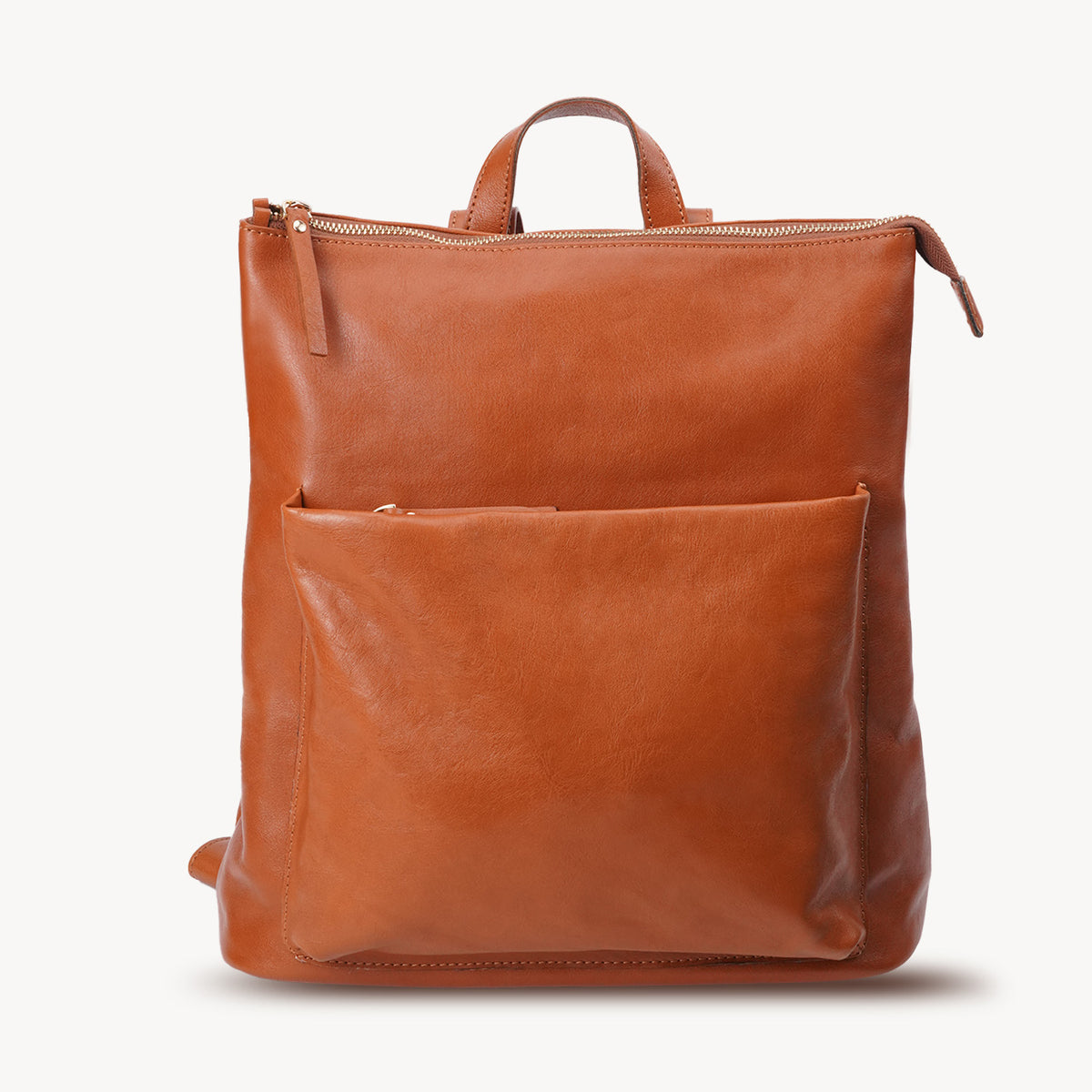 KAKAVY — Vorderansicht des orangefarbenen Lederrucksacks mit Reißverschluss