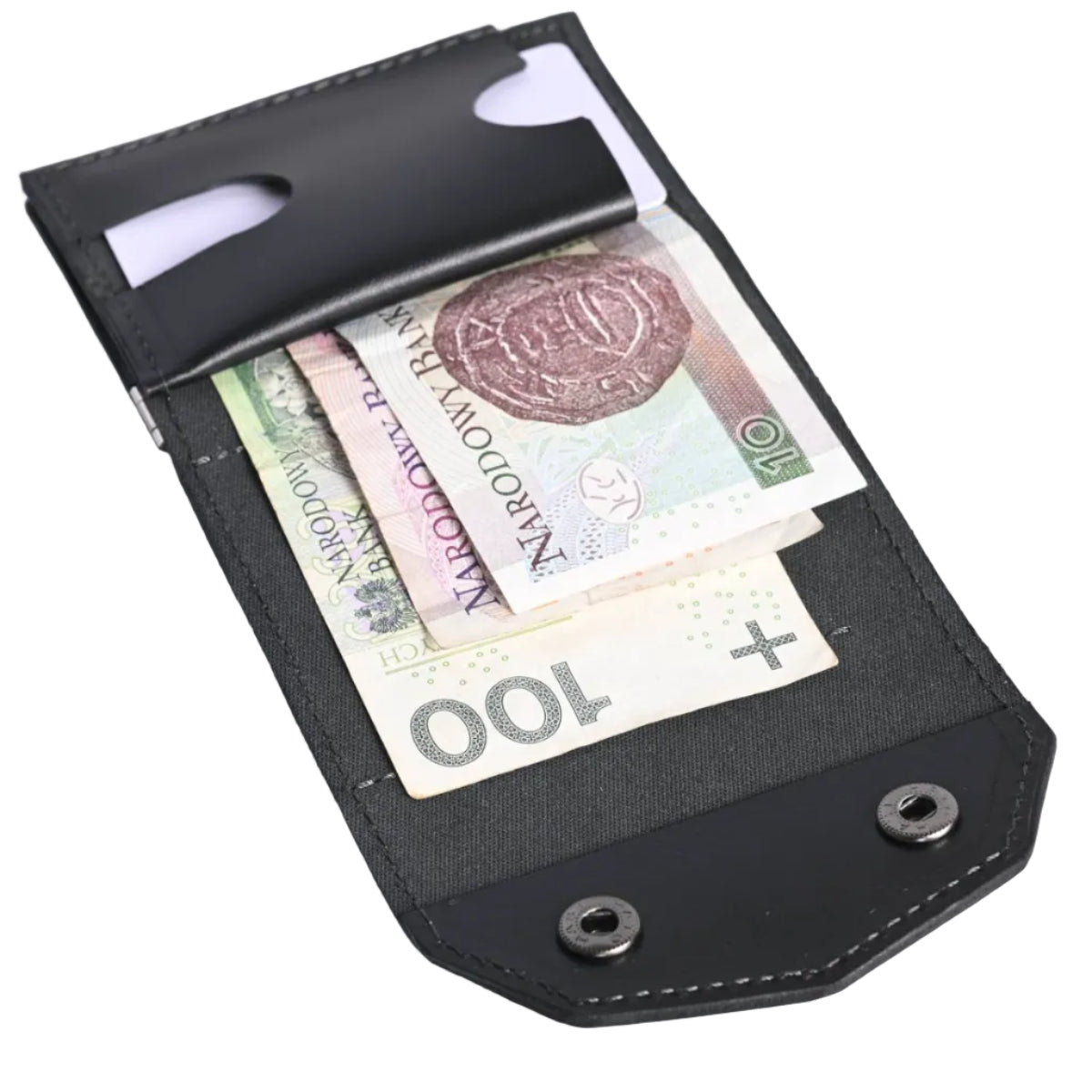 Trifold wallet open with banknotes and cards organized inside