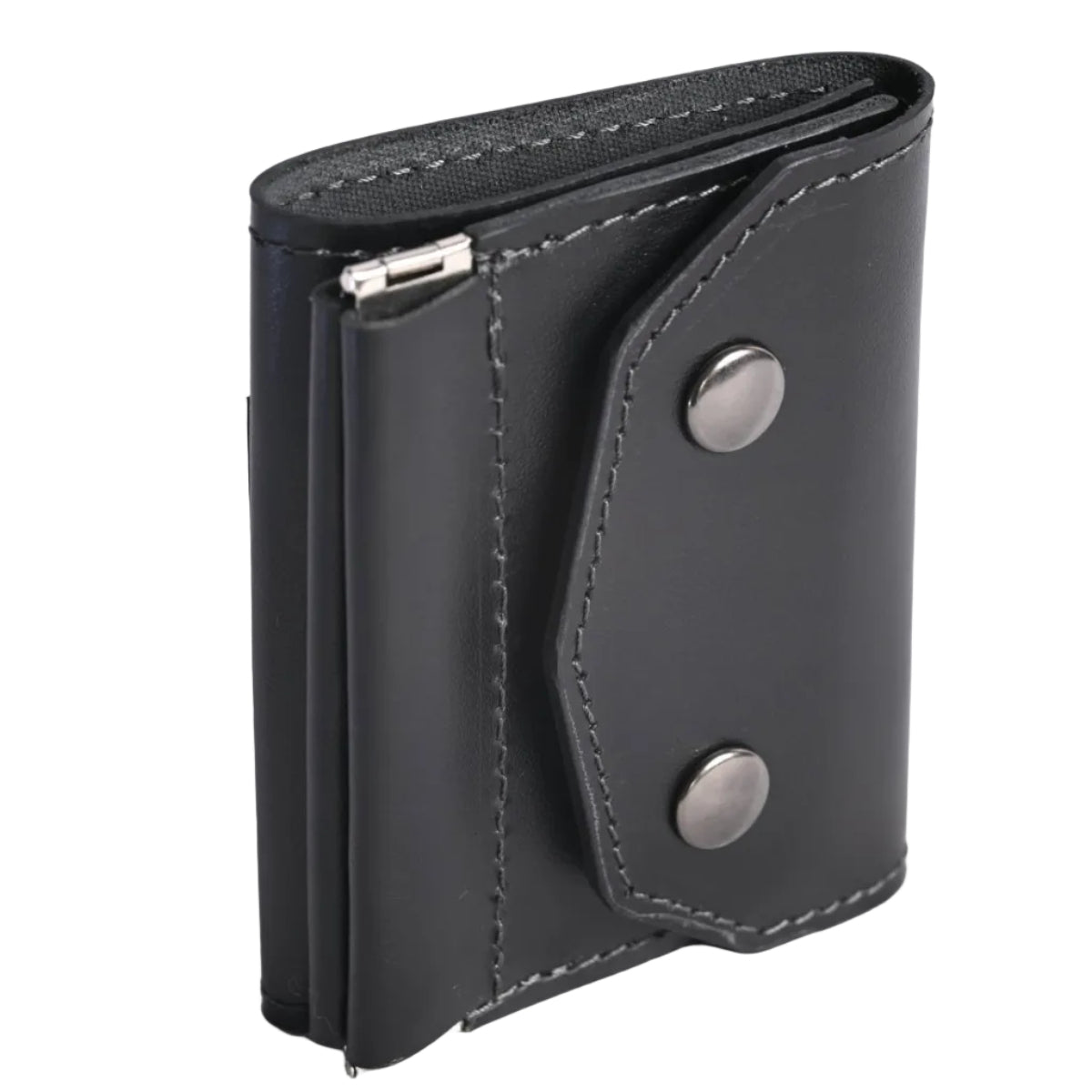 Handmade full-grain leather trifold wallet standing side view