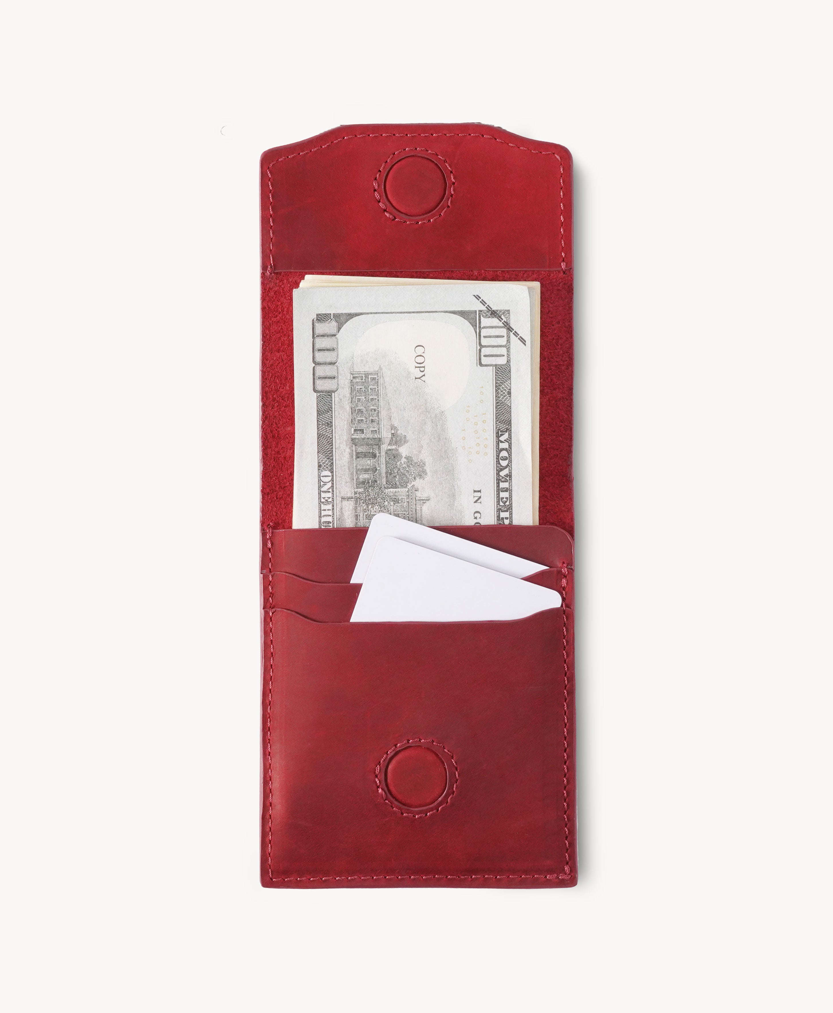 Red Crazy Horse Leather Vertical Bifold Wallet - open view with cards and cash