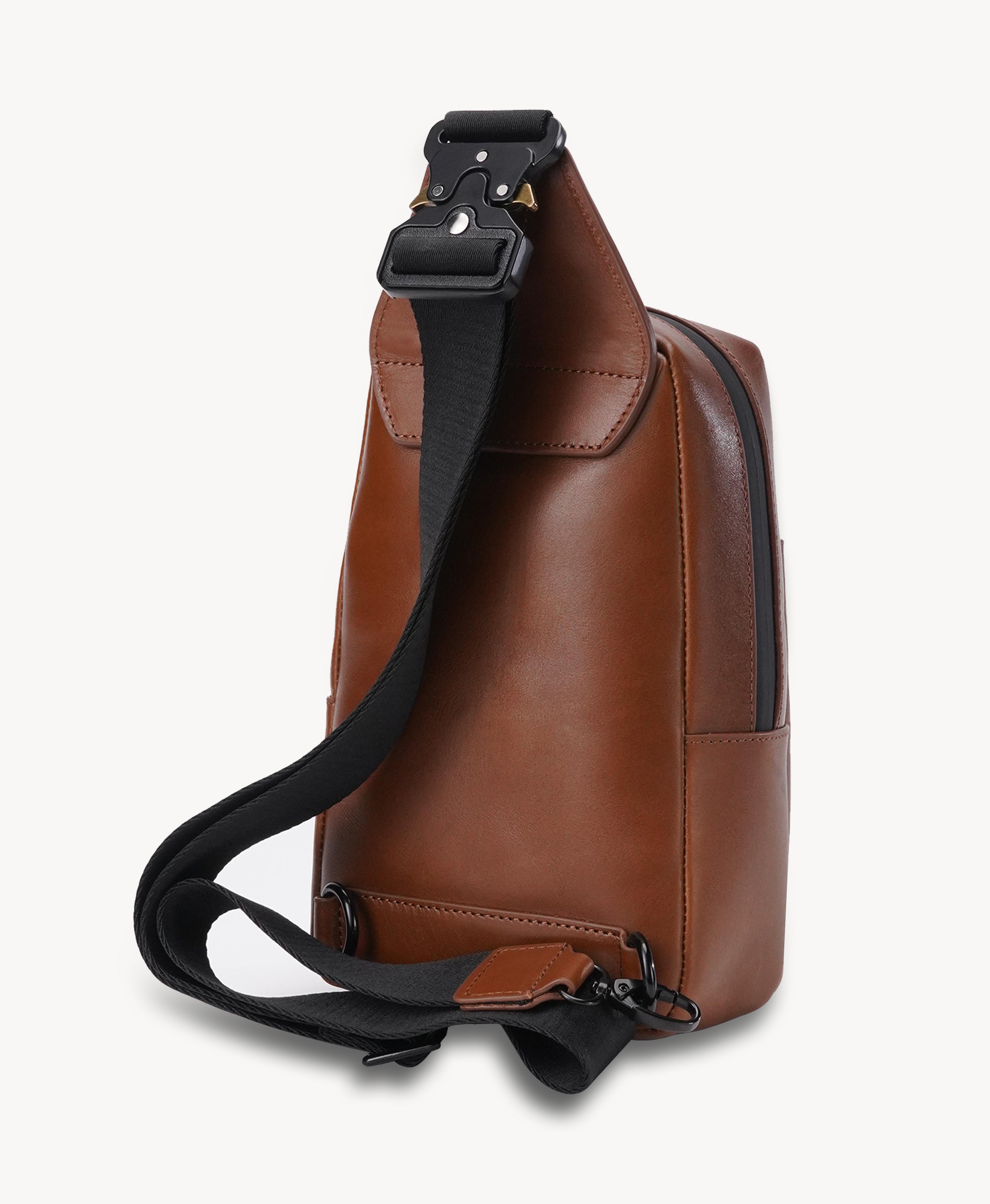 Vintage American Leather Motorcycle Chest Pack - brown leather chest pack with quick-release webbing strap