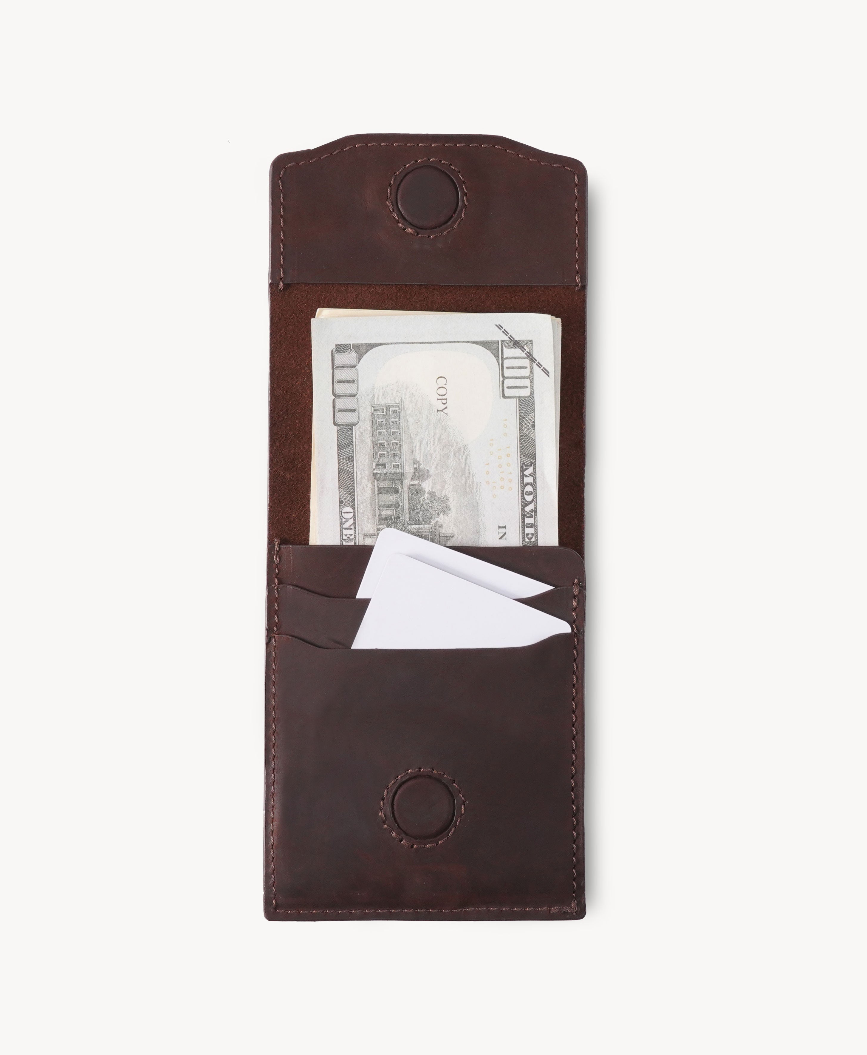 Vintage Brown Crazy Horse Leather Vertical Bifold Wallet - open view with cards and cash
