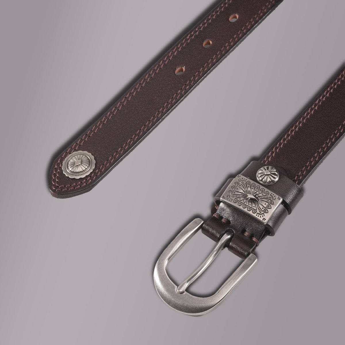 KAKAVY Western Oval Buckle Full-Grain Leather Belt - styled detail 4